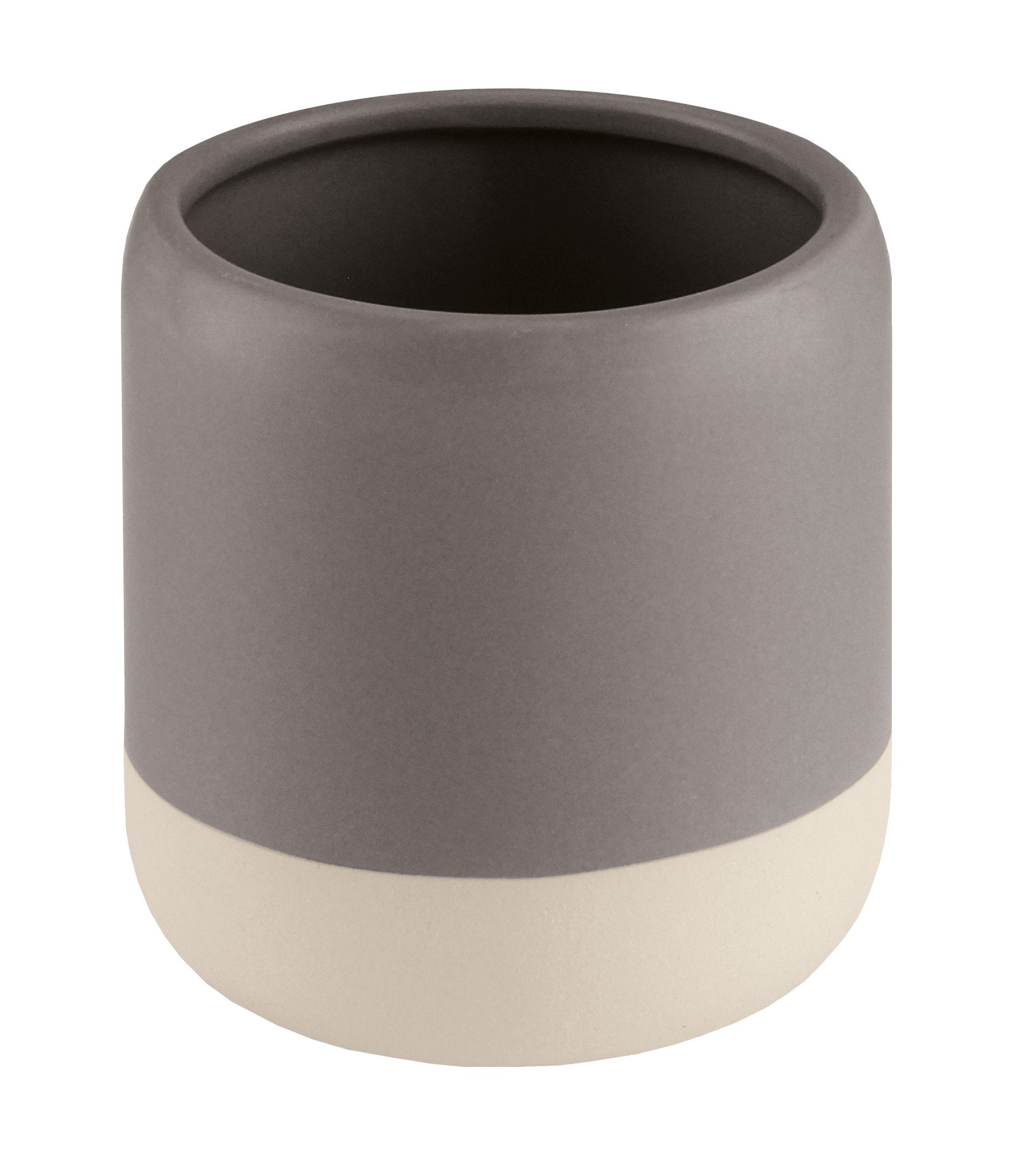 Zahnputzbecher LUNELLA Silbergrau als runder Becher mit hellem Boden vor weißem Hintergrund.