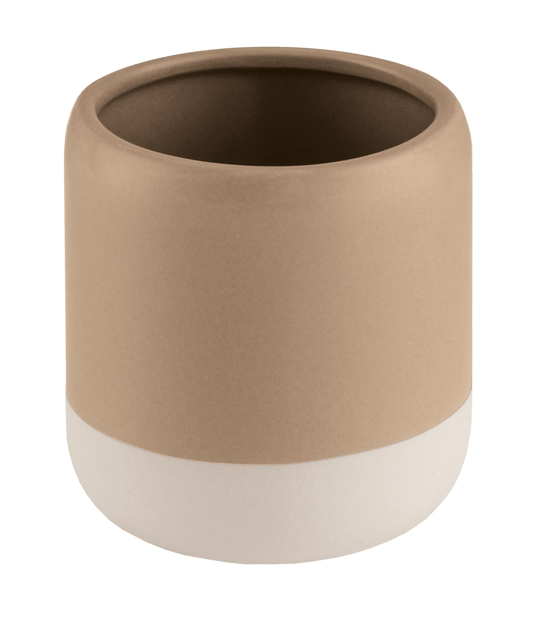 Zahnputzbecher LUNELLA in Taupe mit weißem Rand steht freigestellt vor Weiß.