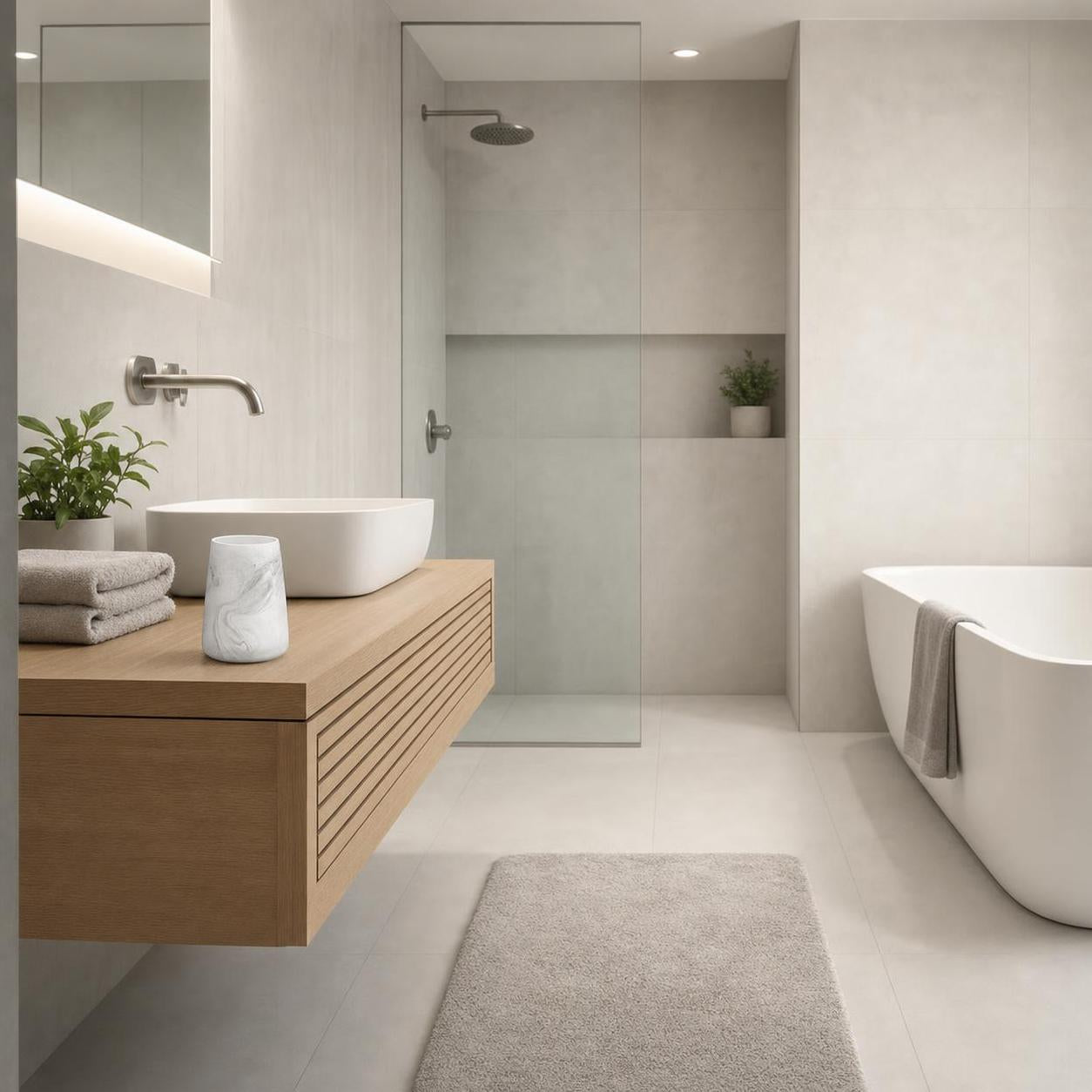 Ein hellgrauer Badteppich liegt vor Dusche und Wanne im modernen Bad.