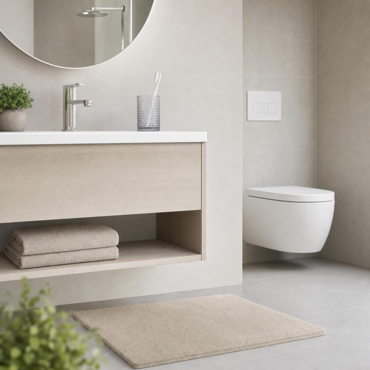 Beige Badematte liegt vor Waschtisch und WC im modernen Bad.