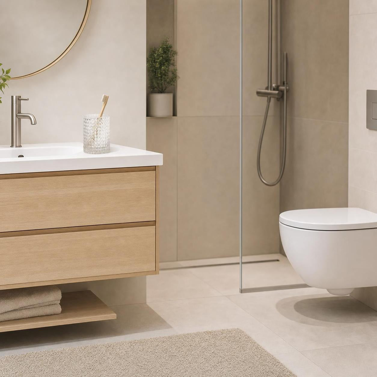 Beiger Badteppich liegt vor Waschtisch, Dusche und WC im modernen Bad.