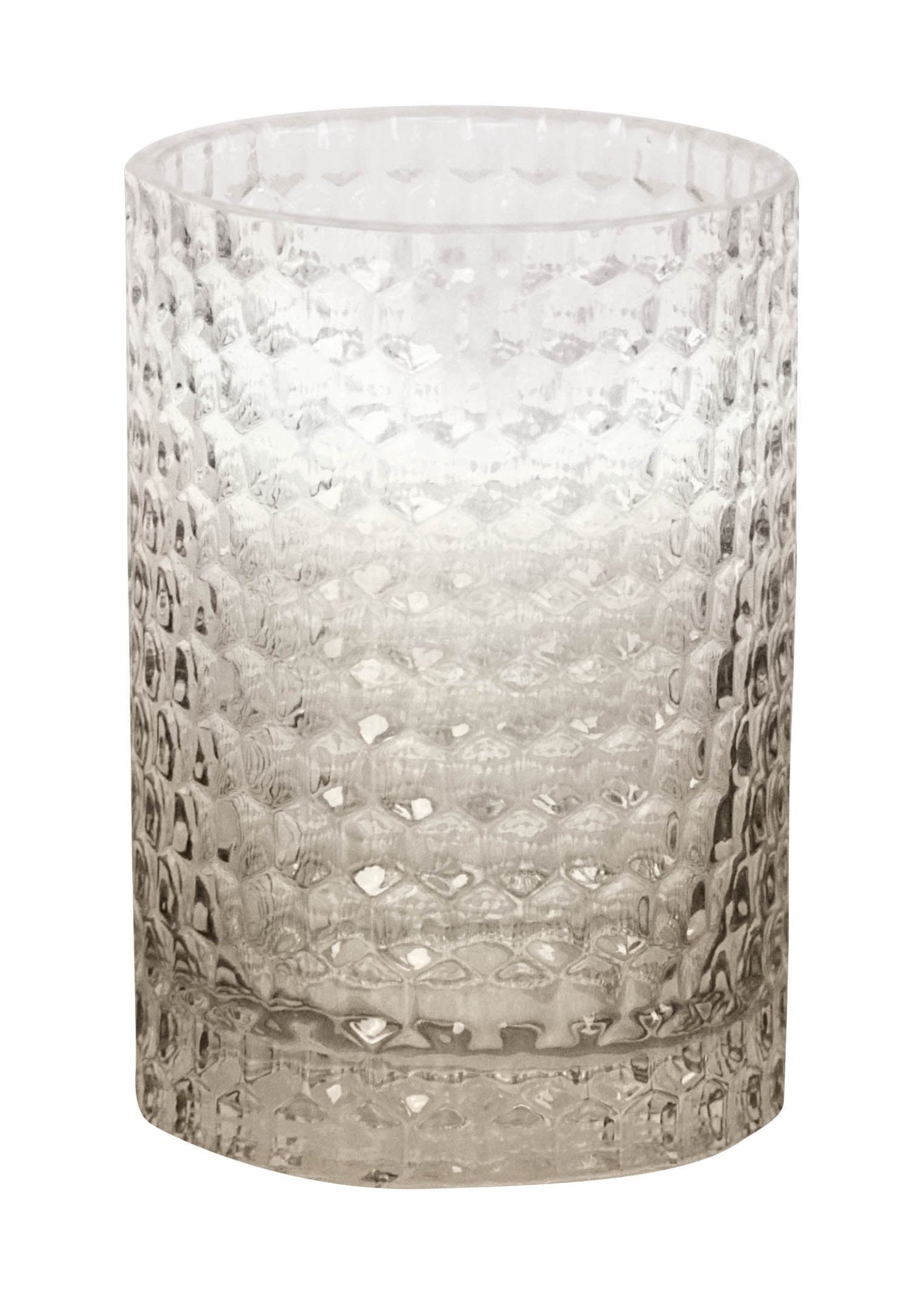 Zahnputzbecher MELUA Sandbeige aus strukturiertem Glas steht freigestellt auf weißem Hintergrund.