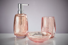 Rosa Glas-Badset aus Seifenspender, Zahnputzbecher und Schmuckschale