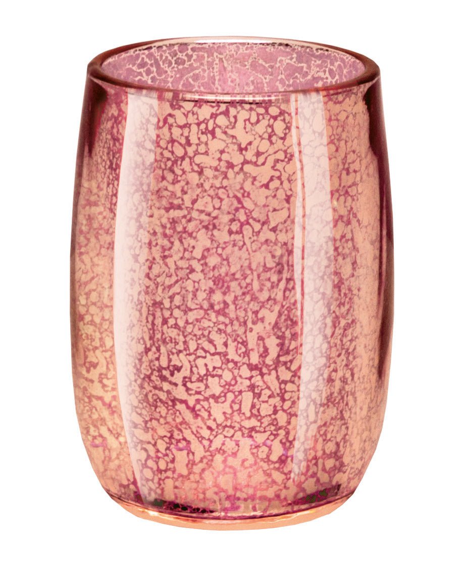 Zahnputzbecher MERCURY Koralle steht als rosa Glasbecher mit marmorierter Struktur vor weißem Hintergrund.