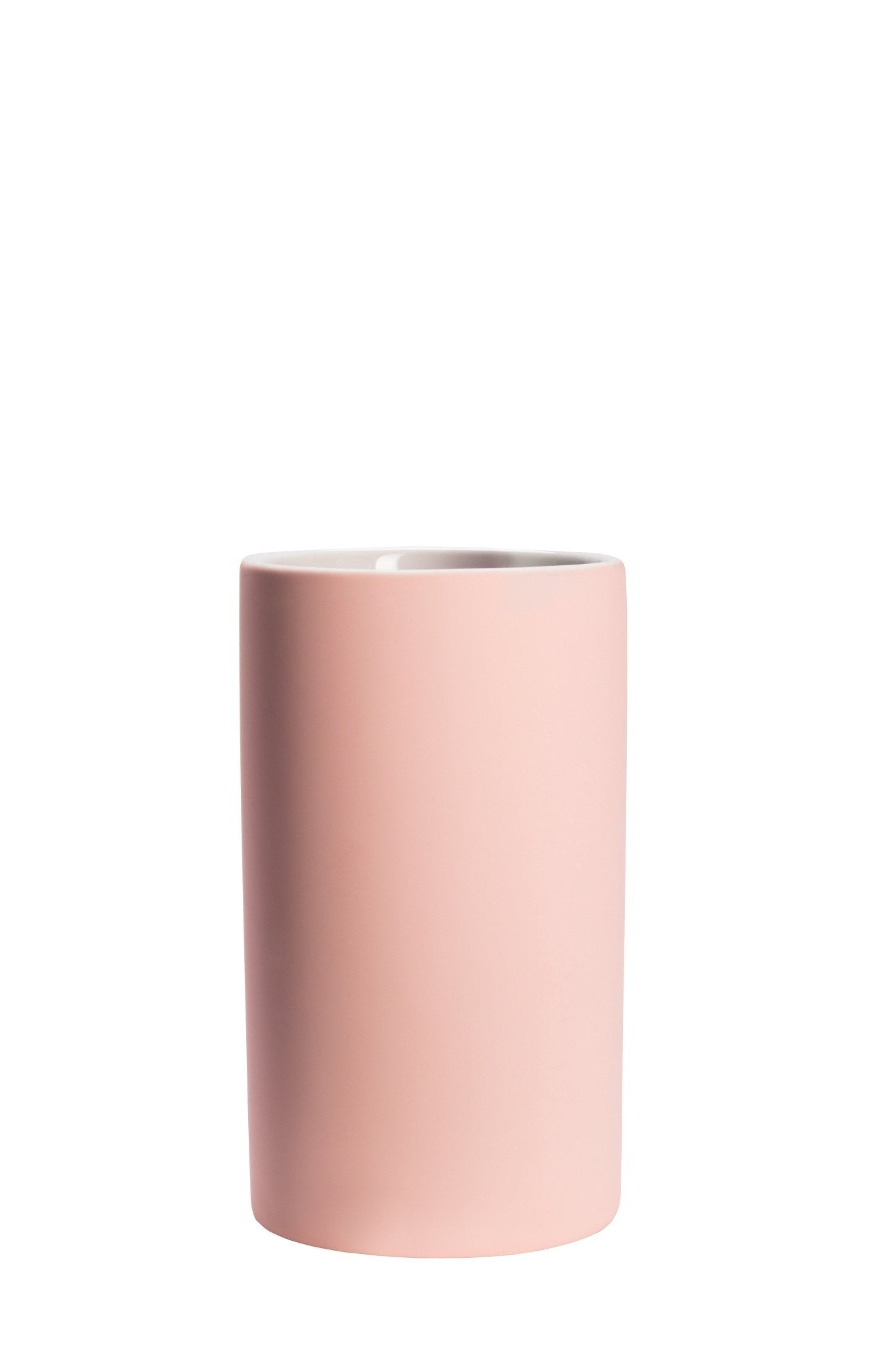 Zylindrischer, rosa Keramikbecher für Zahnbürsten im Bad, moderner Look