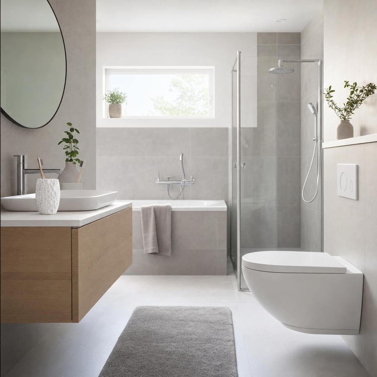 Modernes wandhängendes WC in hellem Bad mit Dusche und Badewanne.