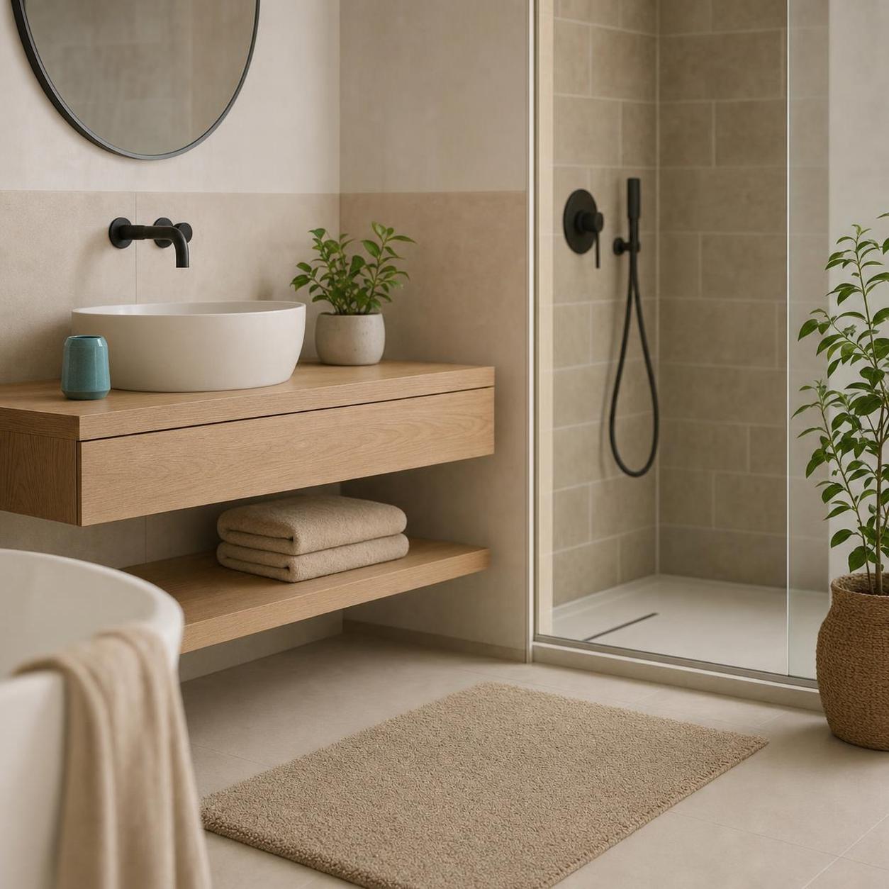 Beige Badematte liegt vor Dusche und Waschtisch im modernen Bad.
