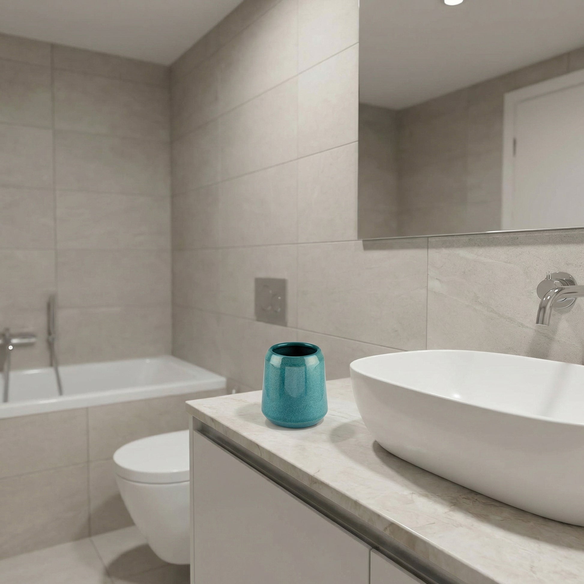 Modernes Bad mit Aufsatzwaschbecken, Badewanne und blauem Becher
