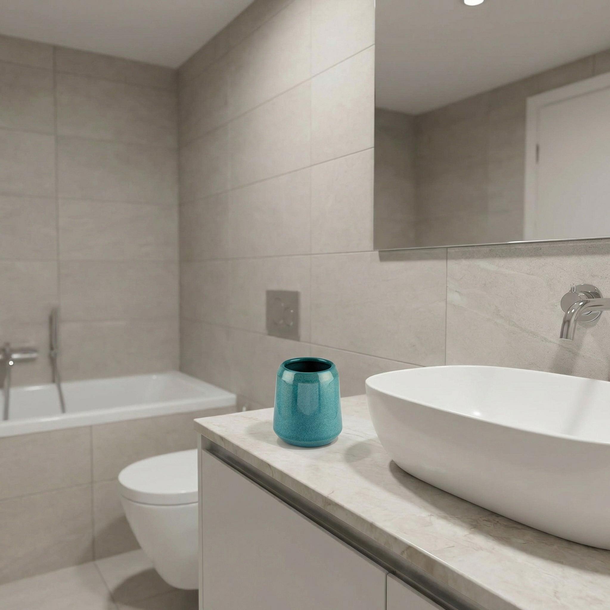 Modernes Bad mit Aufsatzwaschbecken, Badewanne und blauem Becher