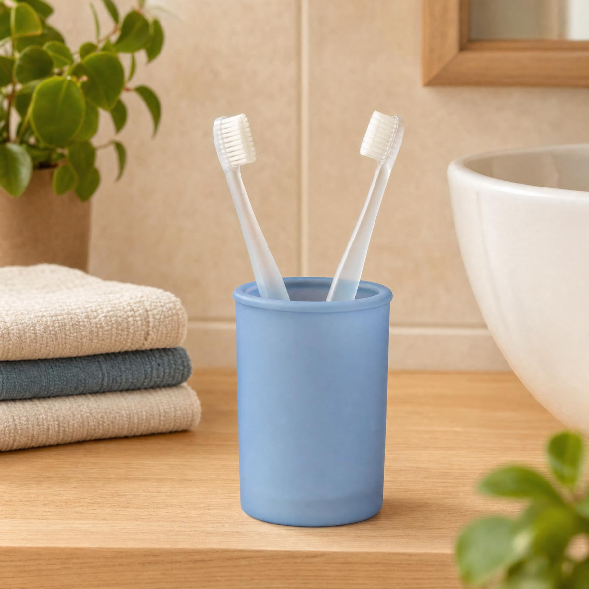 Blauer Zahnputzbecher mit zwei Zahnbürsten auf Holzablage im Bad.