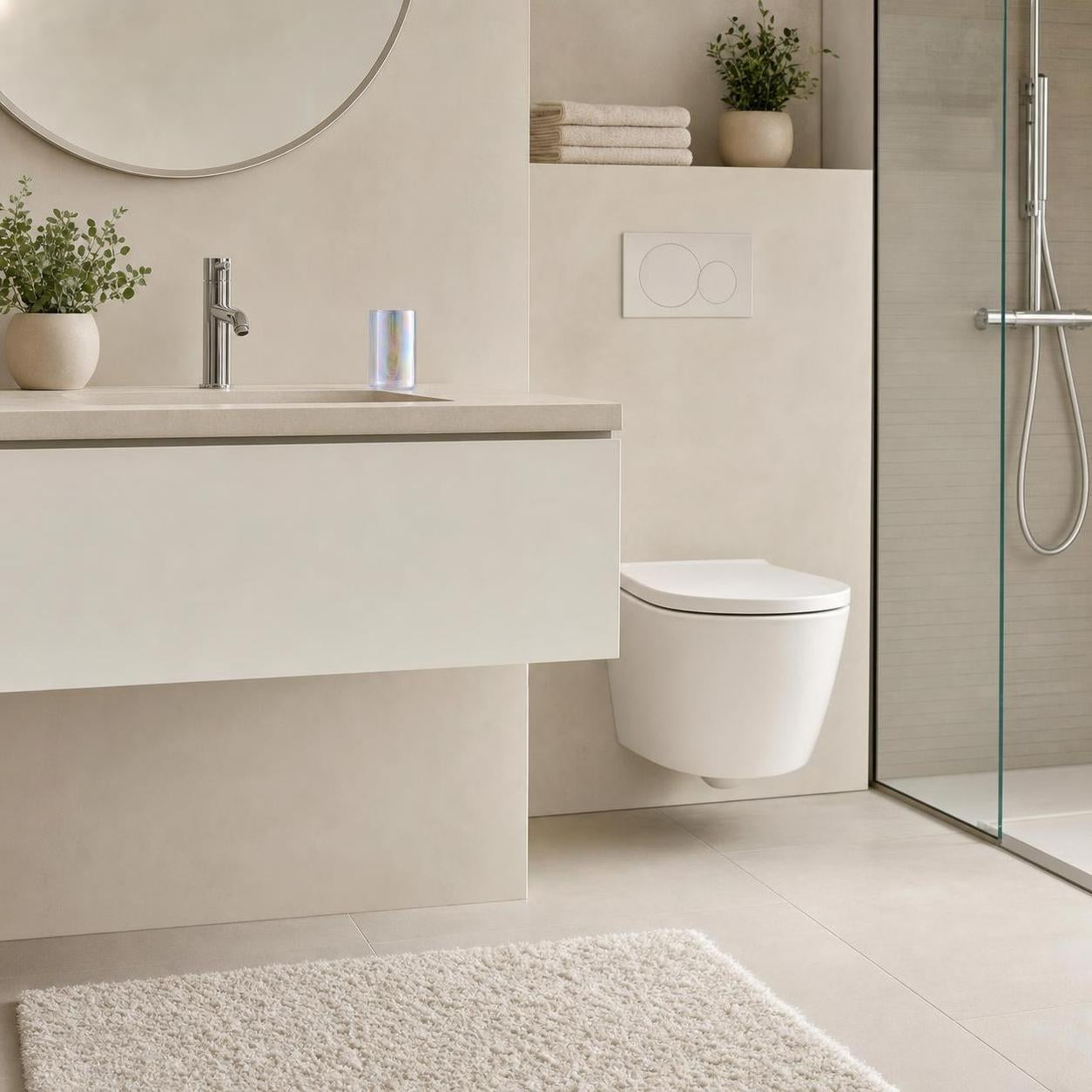 Modernes Bad mit Waschtisch, Wand-WC und Glasdusche in Beige.