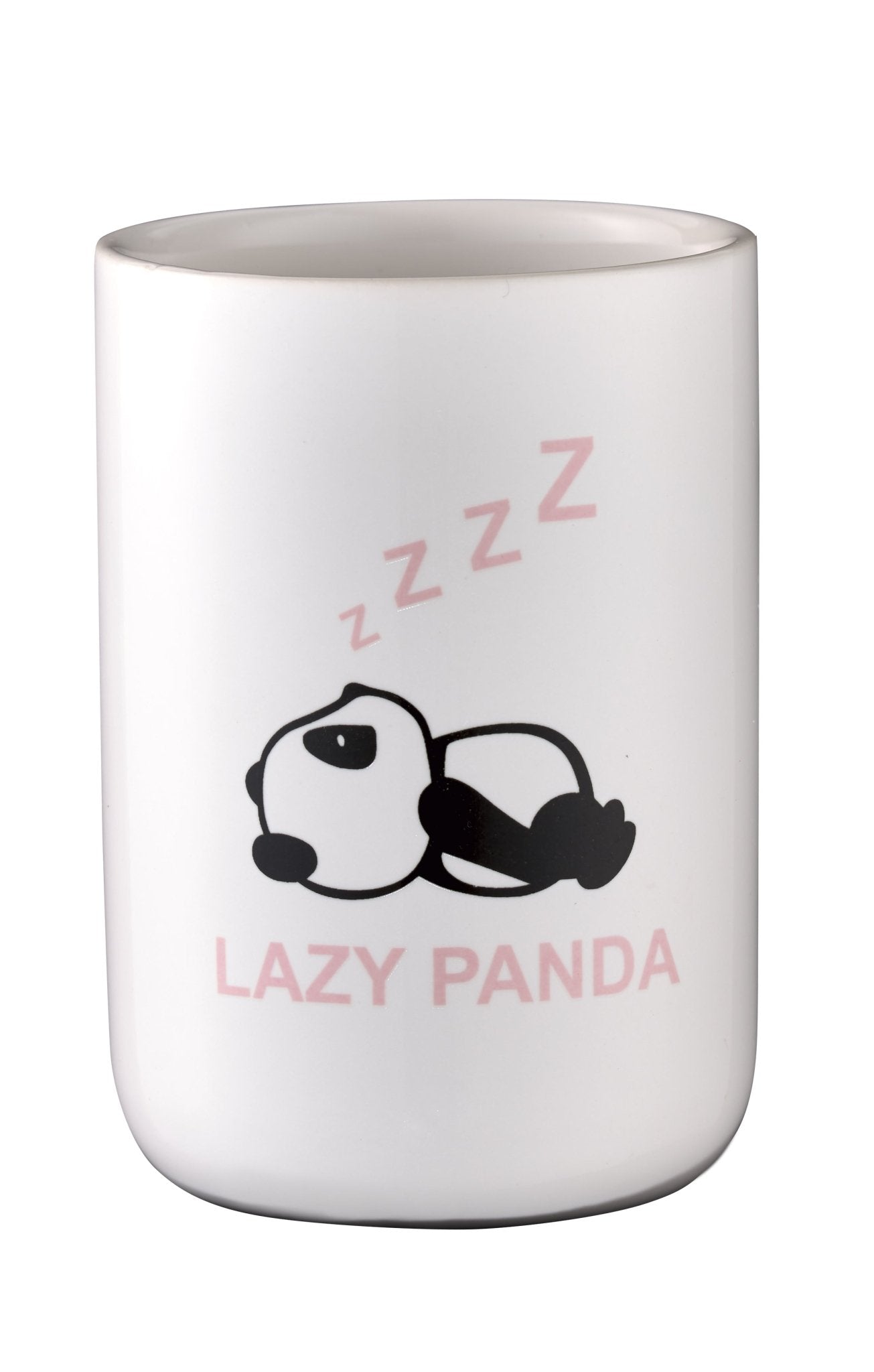 Weiße Zahnputzbecher mit kleinem liegendem Panda und rosa ZZZ-Aufdruck