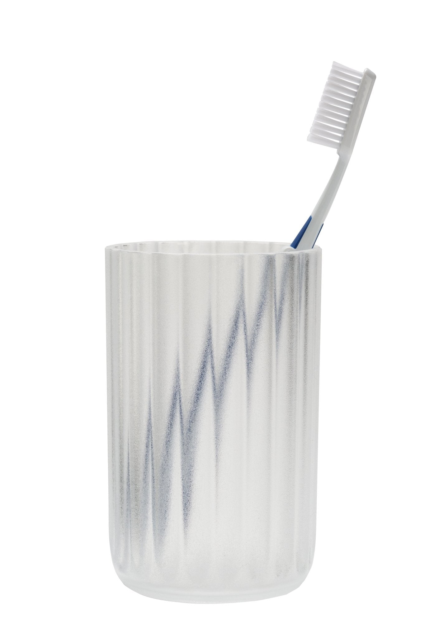 Transparenter Zahnputzbecher mit senkrechter Riffelung und Zahnbürste