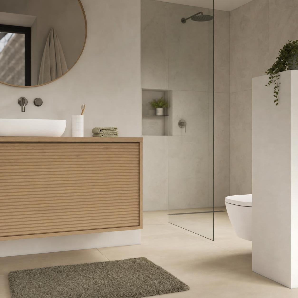 Modernes Bad mit Holzwaschtisch, Glasdusche und weißer WC-Trennwand.