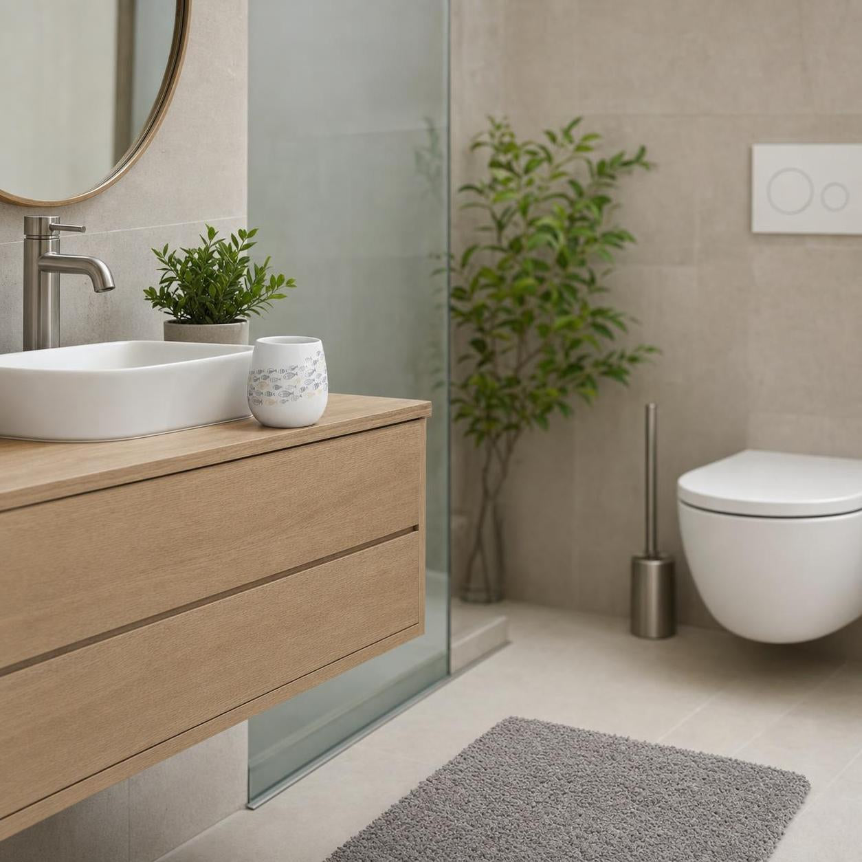 Grauer Badteppich liegt vor Waschtisch und WC im modernen Bad.