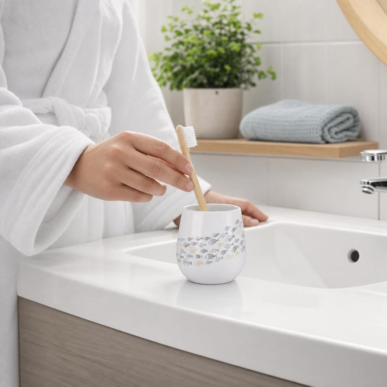 Eine Hand stellt eine Bambuszahnbürste in einen Becher am Waschbecken.