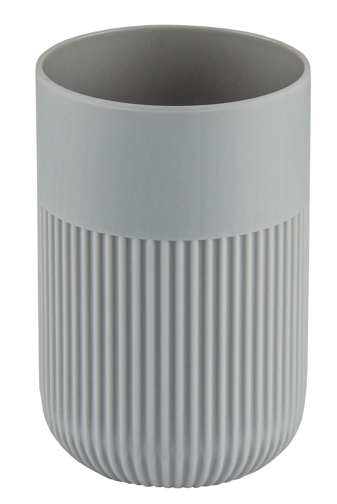 Grauer Zahnputzbecher mit geriffelter Oberfläche im unteren Bereich