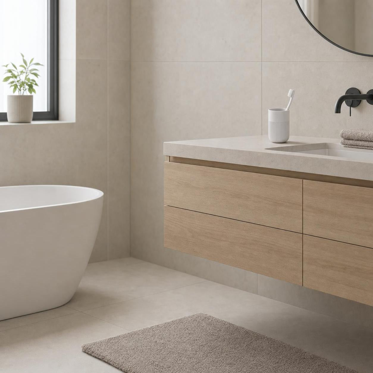 Modernes Bad mit Holz-Waschtisch, freistehender Wanne und beigem Teppich.