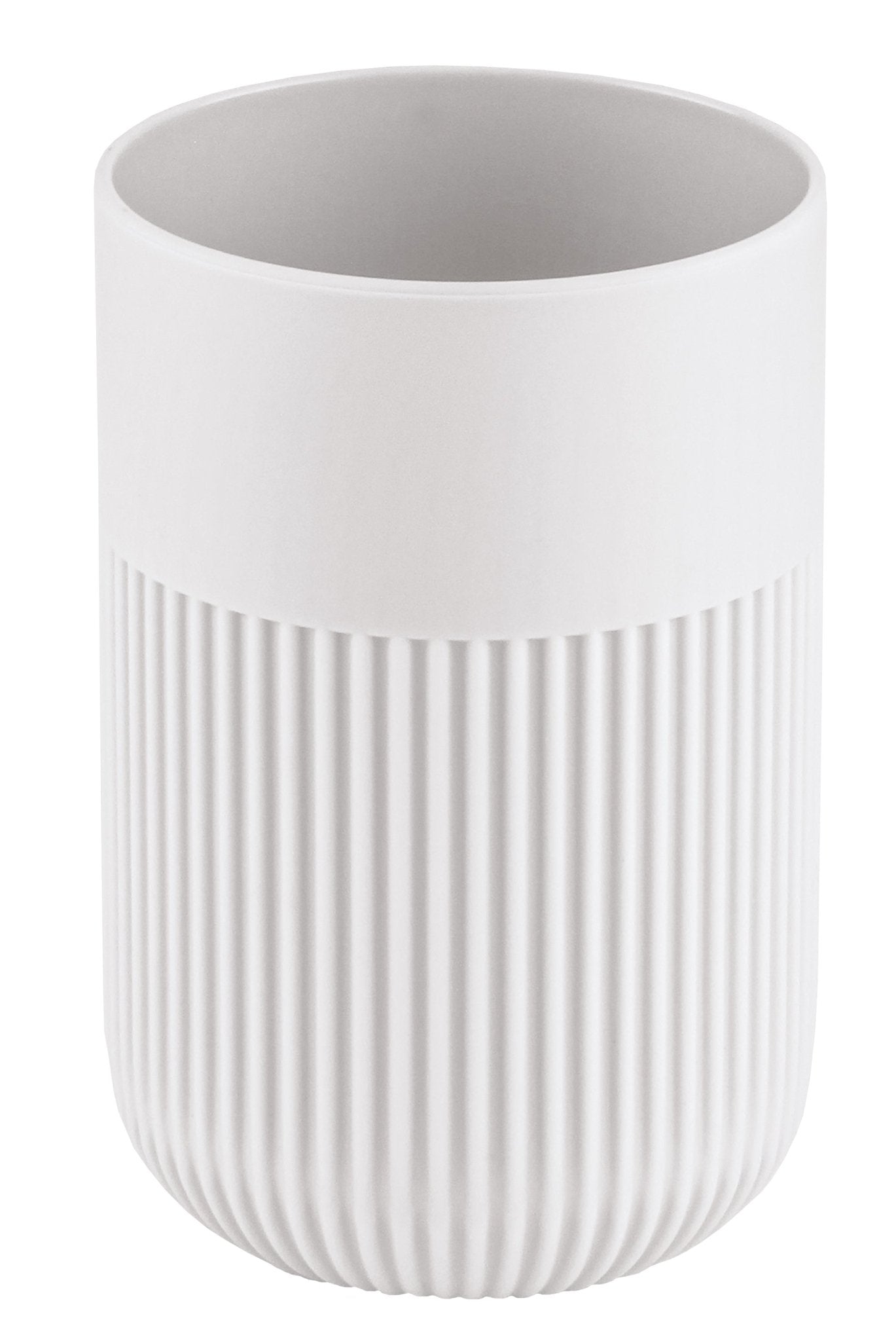 Weißer Zahnputzbecher mit geriffelter Unterhälfte aus Keramik modern
