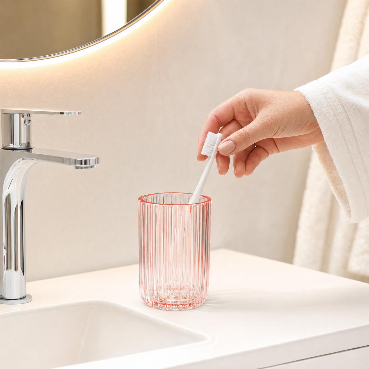 Hand mit Zahnbürste über rosafarbenem Becher am Waschbecken.