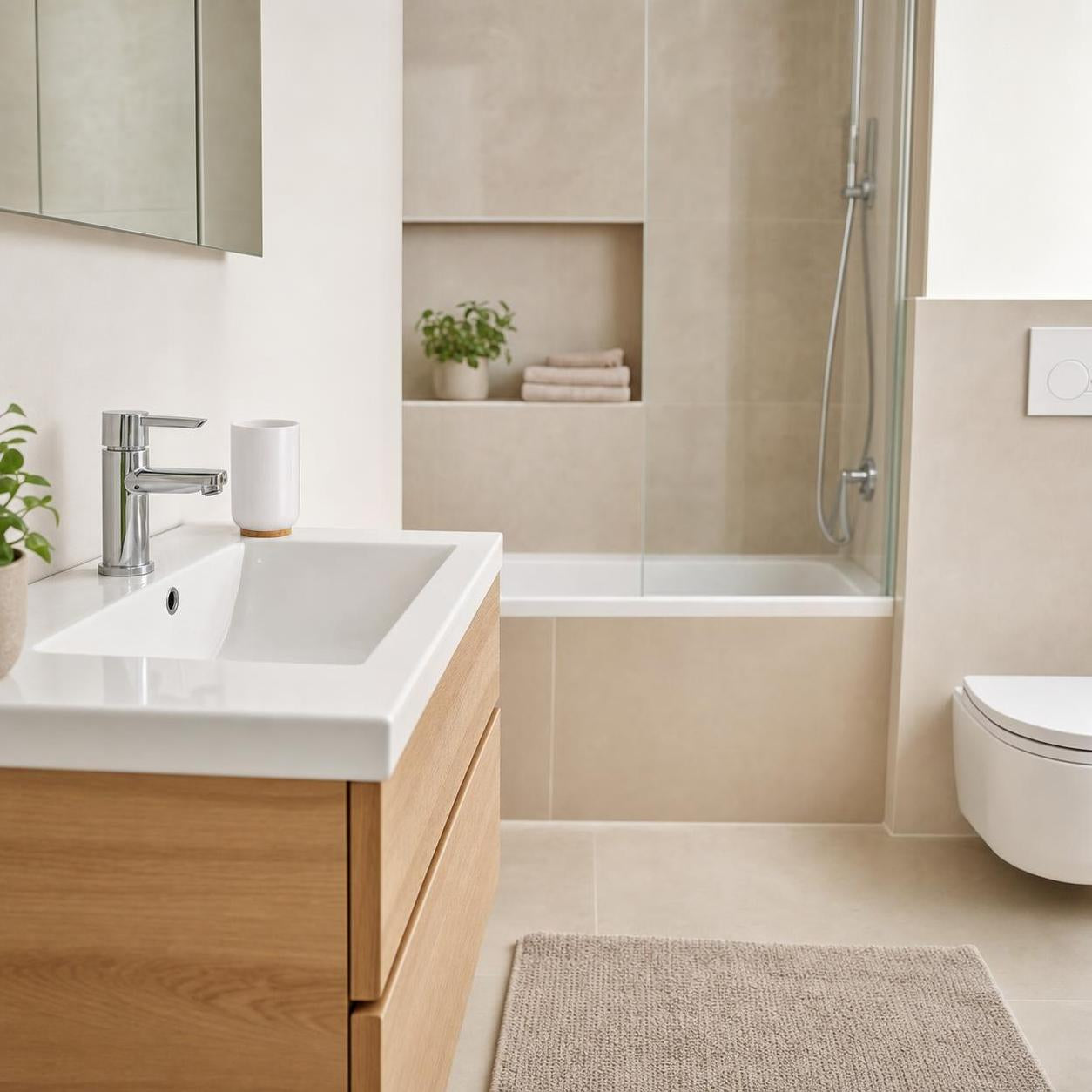 Ein modernes Bad mit Holzwaschtisch, Dusche, WC und beigem Badteppich.