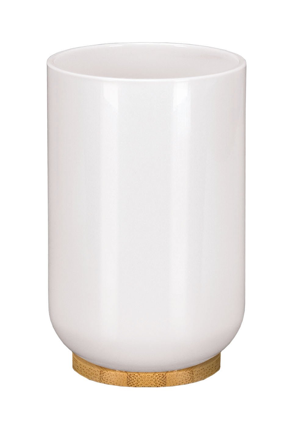 Weißer Zahnputzbecher aus Keramik mit rundem Boden aus Bambusholz