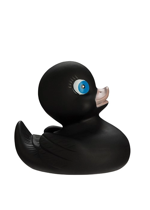 4004478303850 Schwarze Badeente mit blauen Augen und rosa Schnabel, ideal für das Badezimmer oder als Geschenk.
