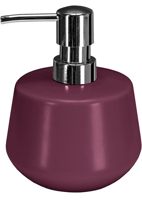 4004478324732 Moderner Seifenspender in elegantem Dunkelrot mit glänzendem Chrom-Pumpkopf. Ideal für stilvolle Badezimmer.