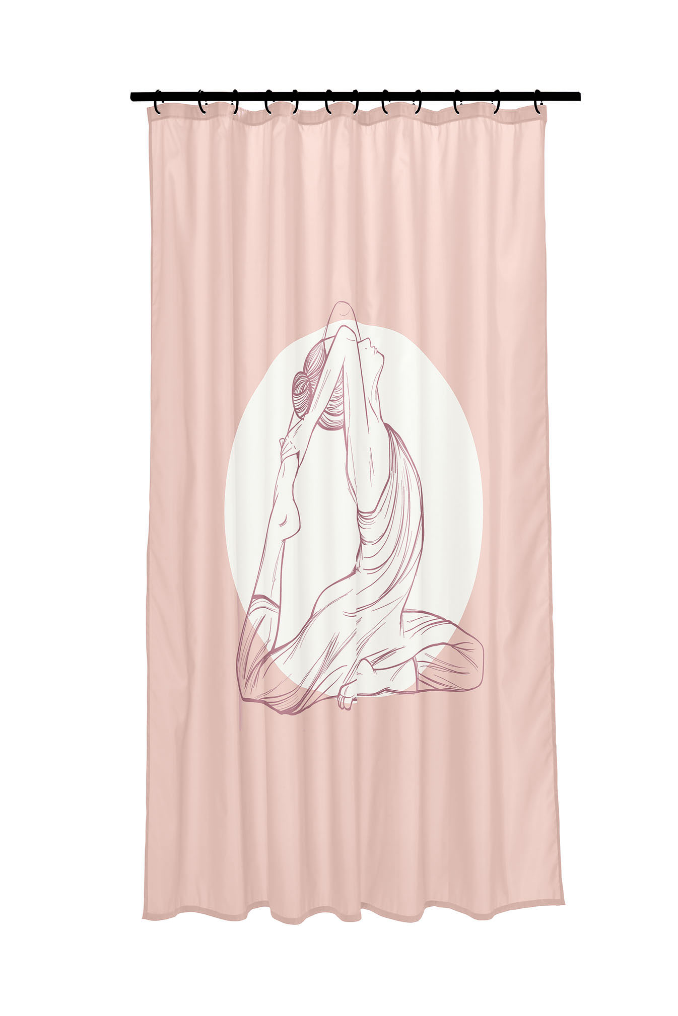 Duschvorhang in zartem Rosa mit elegantem Yoga-Motiv, das eine entspannte und stilvolle Atmosphäre im Badezimmer schafft.