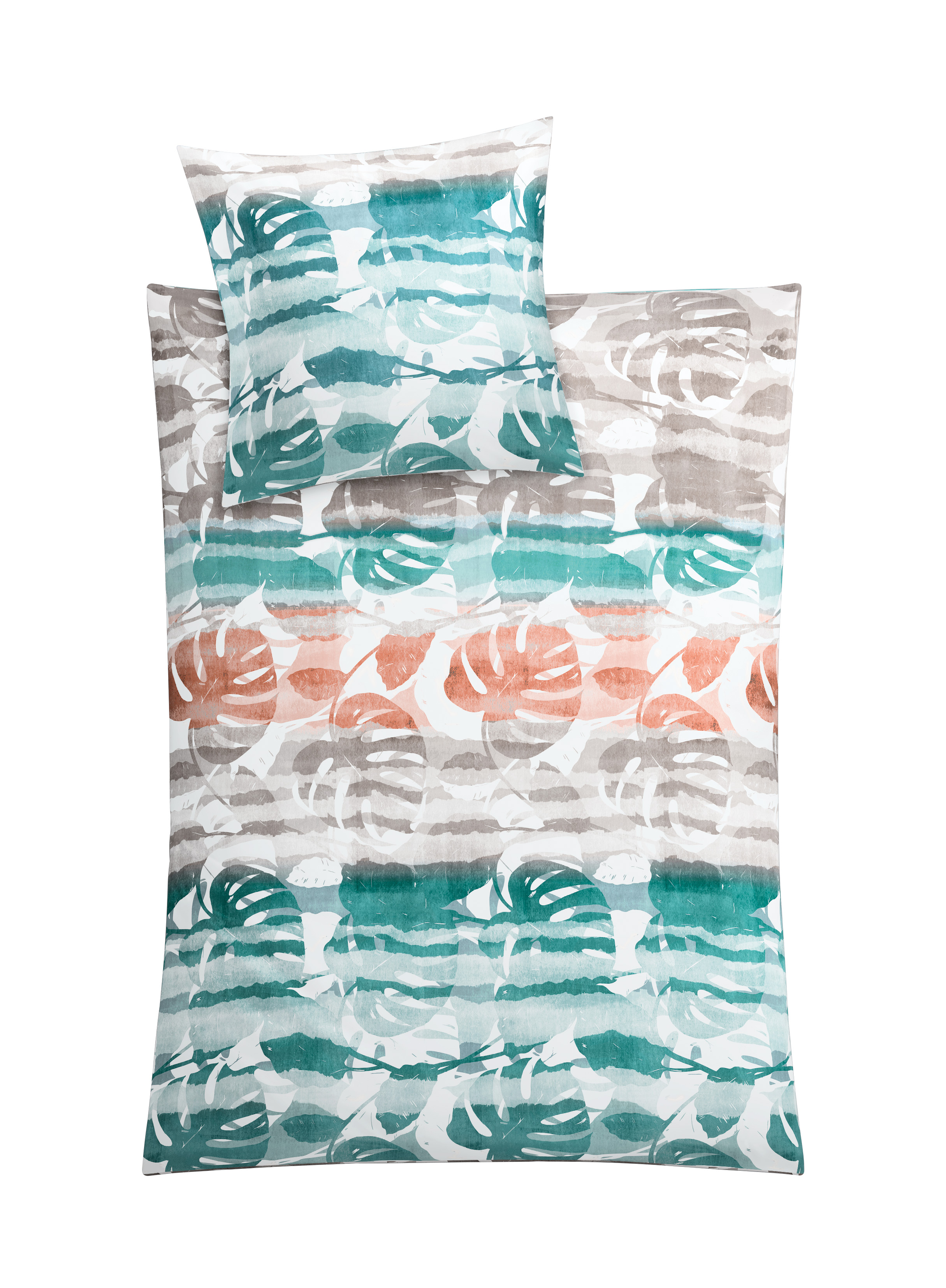 Bettwäsche-Set mit tropischem Blätterdesign in Grün-, Braun- und Koralltönen, ideal für ein frisches Schlafzimmerambiente.