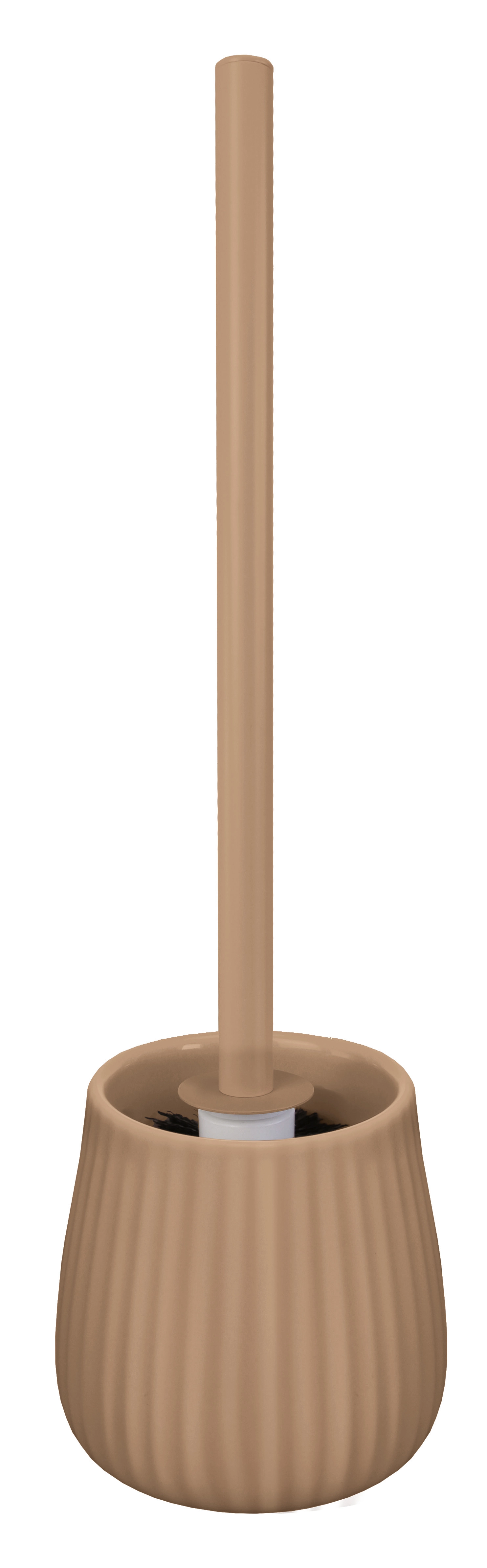 Toilettenbürste in Beige mit geriffeltem Design und passendem Halter. Modernes und stilvolles Badezimmerzubehör.
