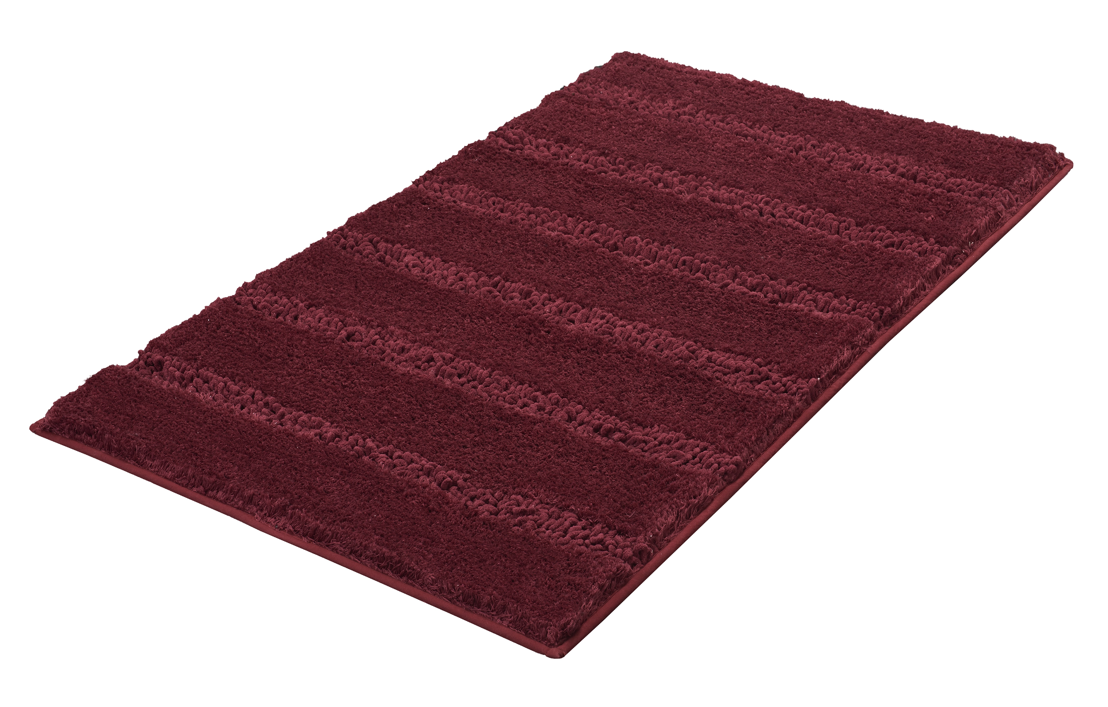 Bordeauxrote Badematte mit Streifenmuster, weiche Textur, rutschfeste Unterseite, ideal für Badezimmer.