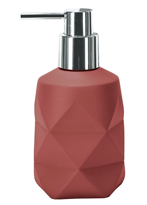 Moderner Seifenspender in geometrischem Design, mattes Rot mit glänzendem Chrom-Pumpkopf. Ideal für stilvolle Badezimmer.