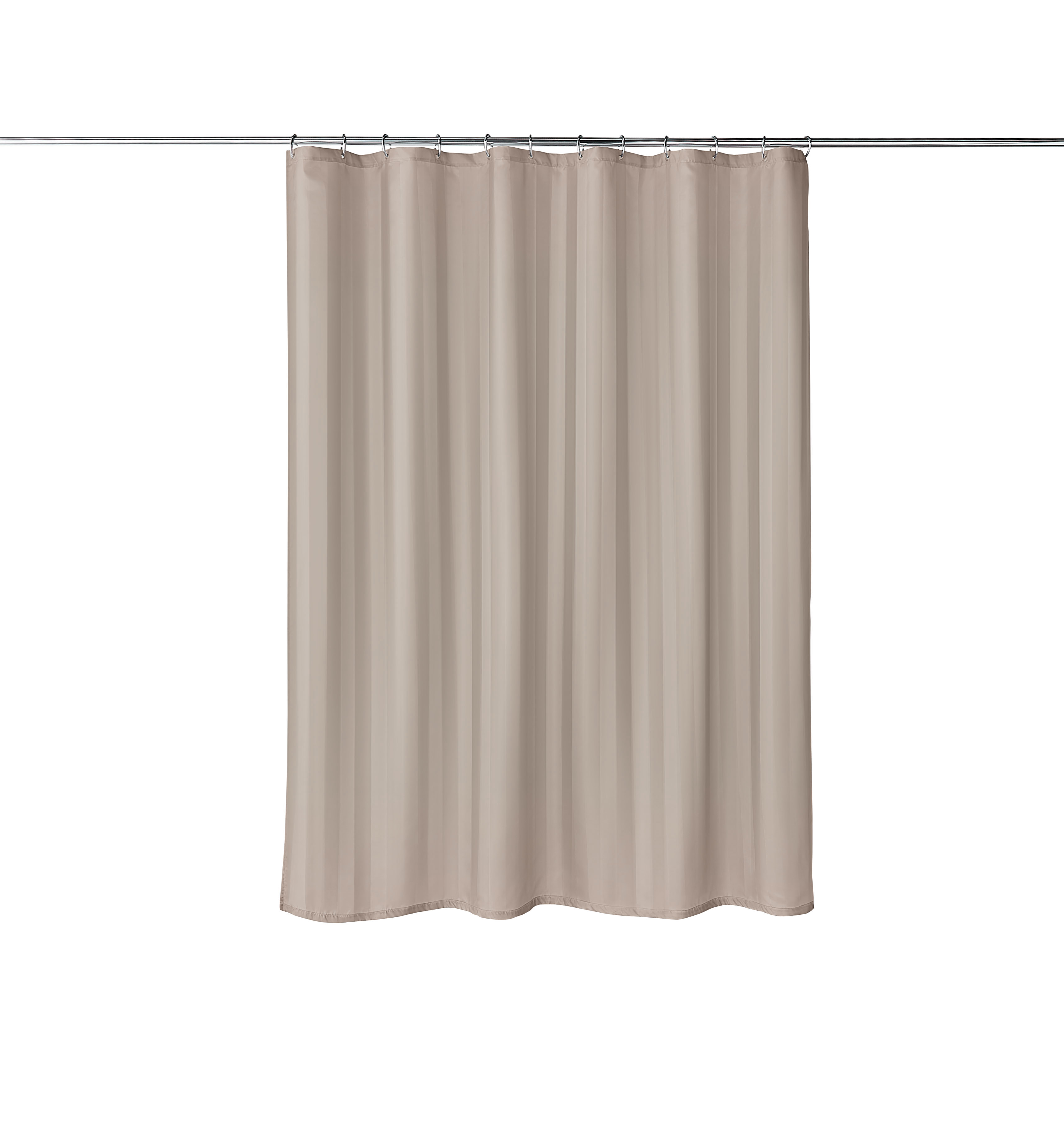 Beiger Duschvorhang aus Stoff, schlichtes Design, ideal für moderne Badezimmer.