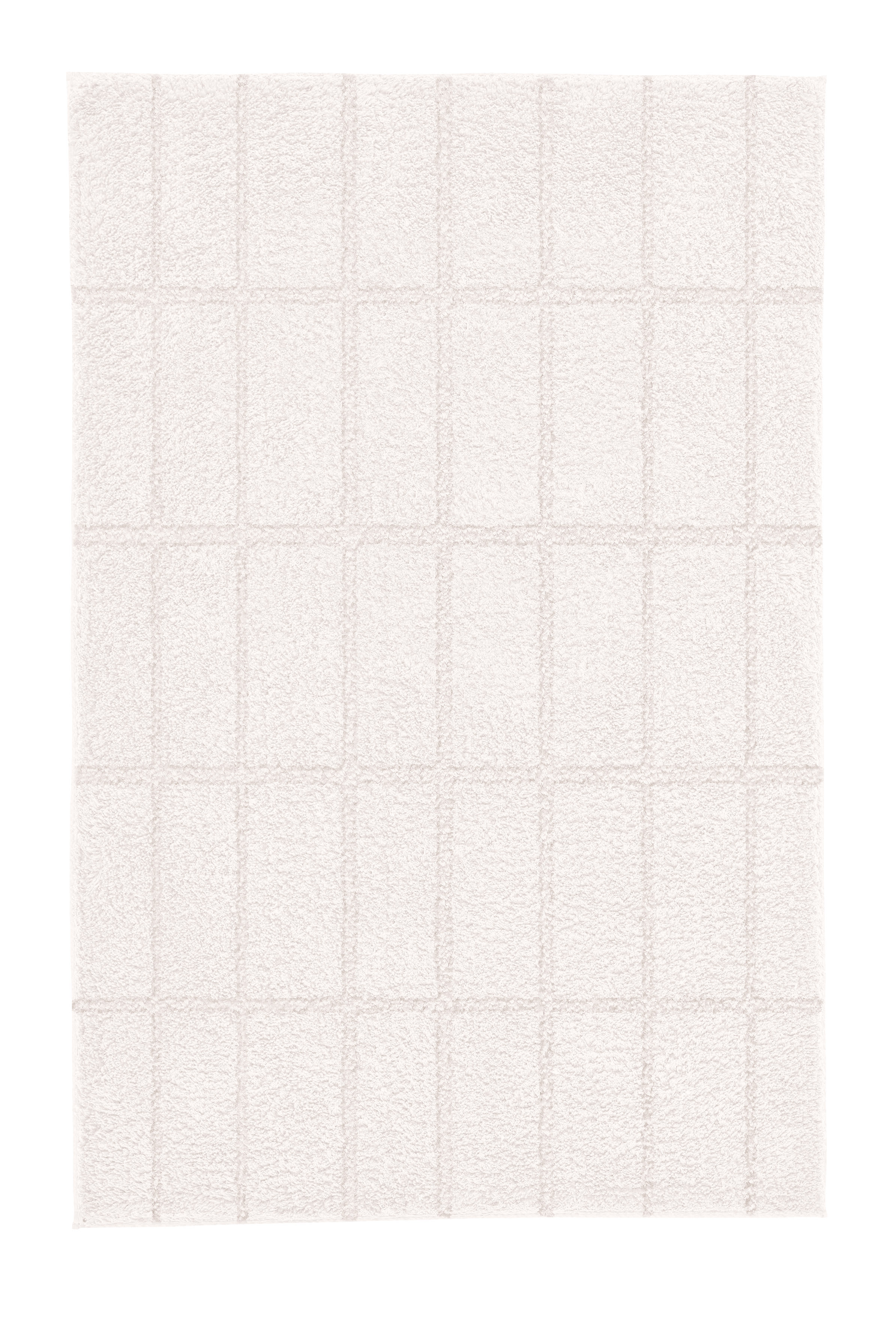 Weißer Badteppich mit dezentem Kachelmuster, flauschige Textur, ideal für ein modernes Badezimmer.