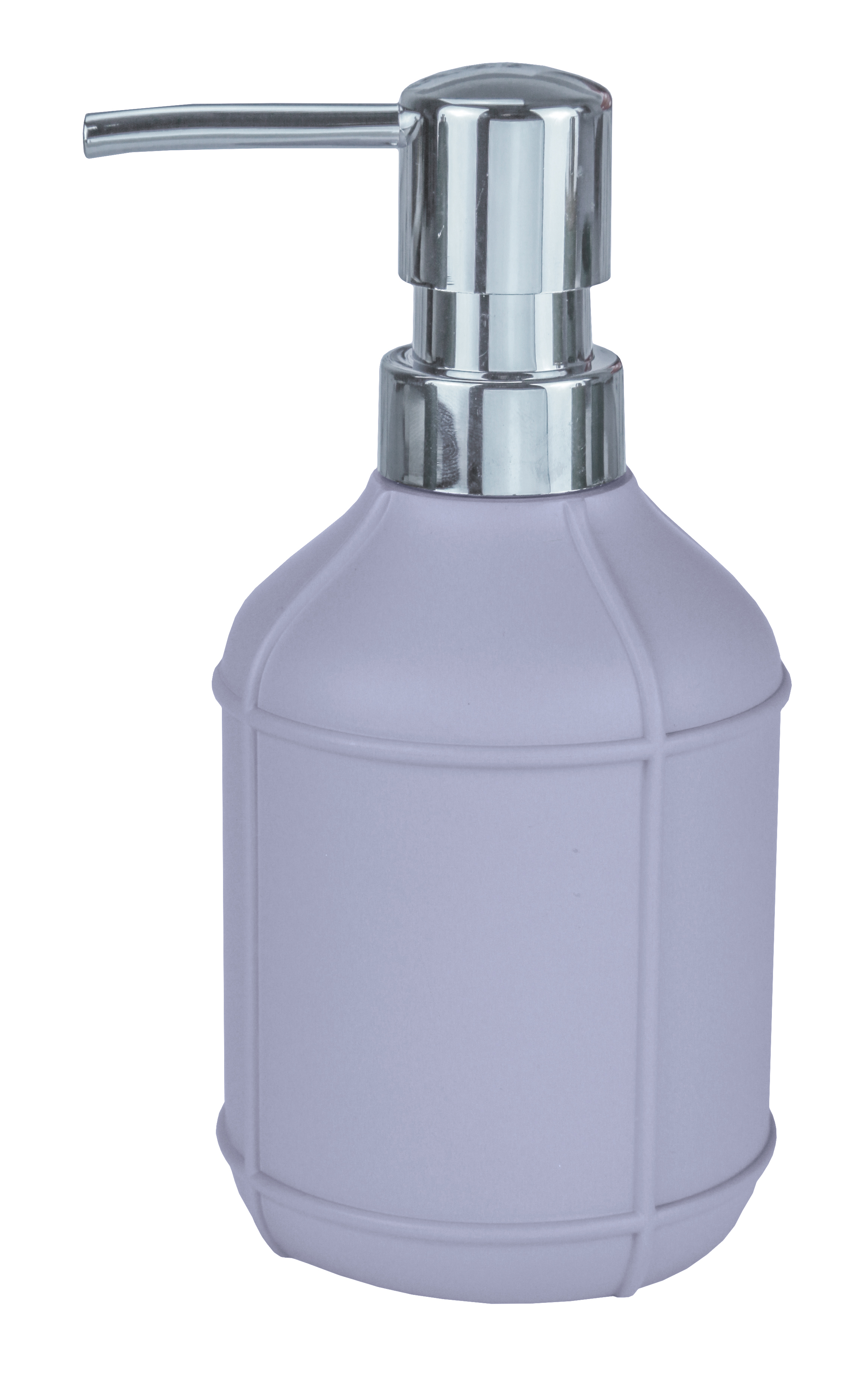 Moderner Seifenspender in zartem Flieder mit glänzendem Chrom-Pumpkopf, ideal für stilvolle Badezimmer.