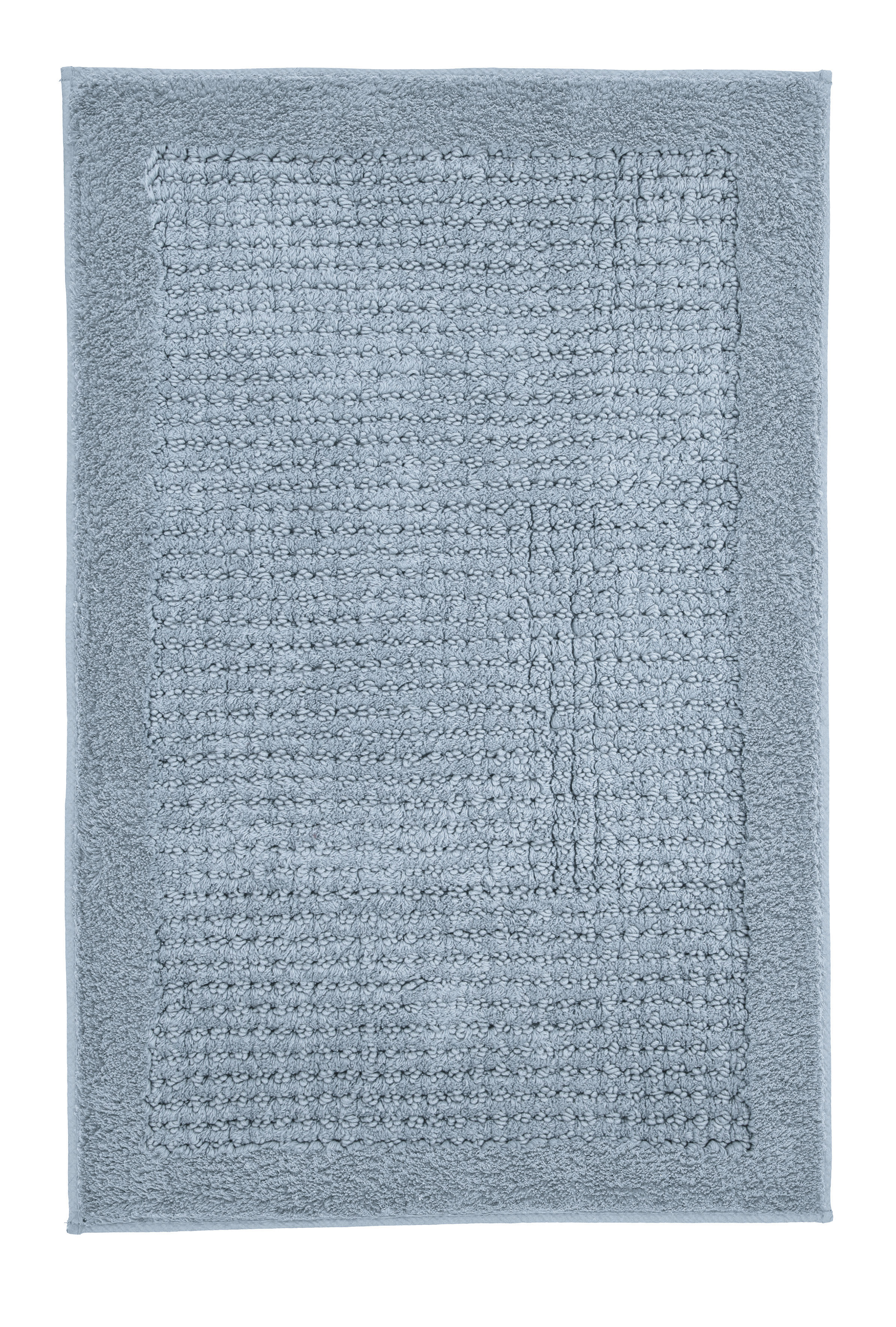 Badteppich NET Stahlblau 70 x 120 cm Weicher, hellblauer Badteppich mit strukturiertem Muster und umsäumten Kanten, ideal für ein stilvolles Badezimmer.