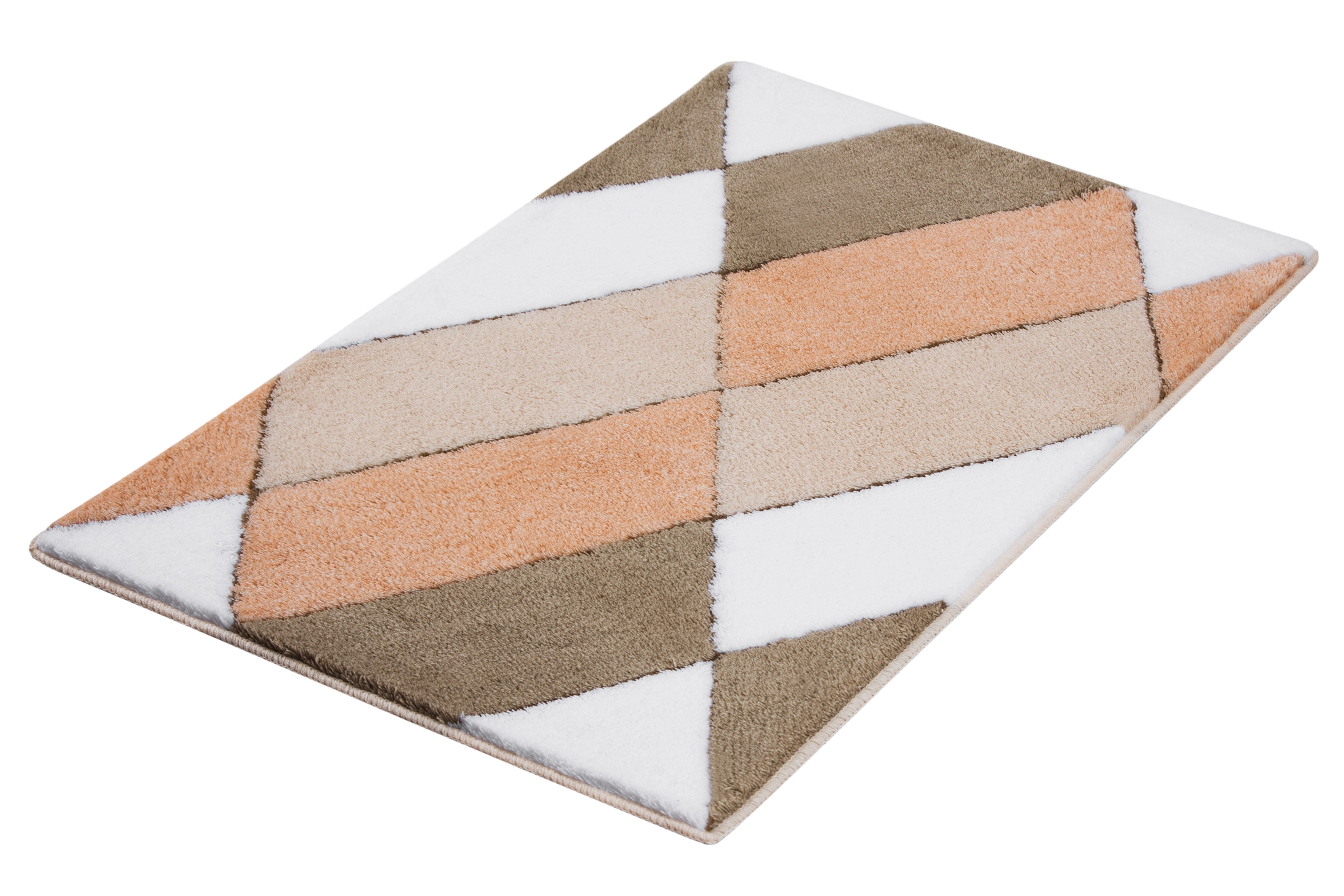 Moderner Teppich mit geometrischem Muster in Beige-, Braun- und Orangetönen, ideal für Wohn- und Schlafzimmer.