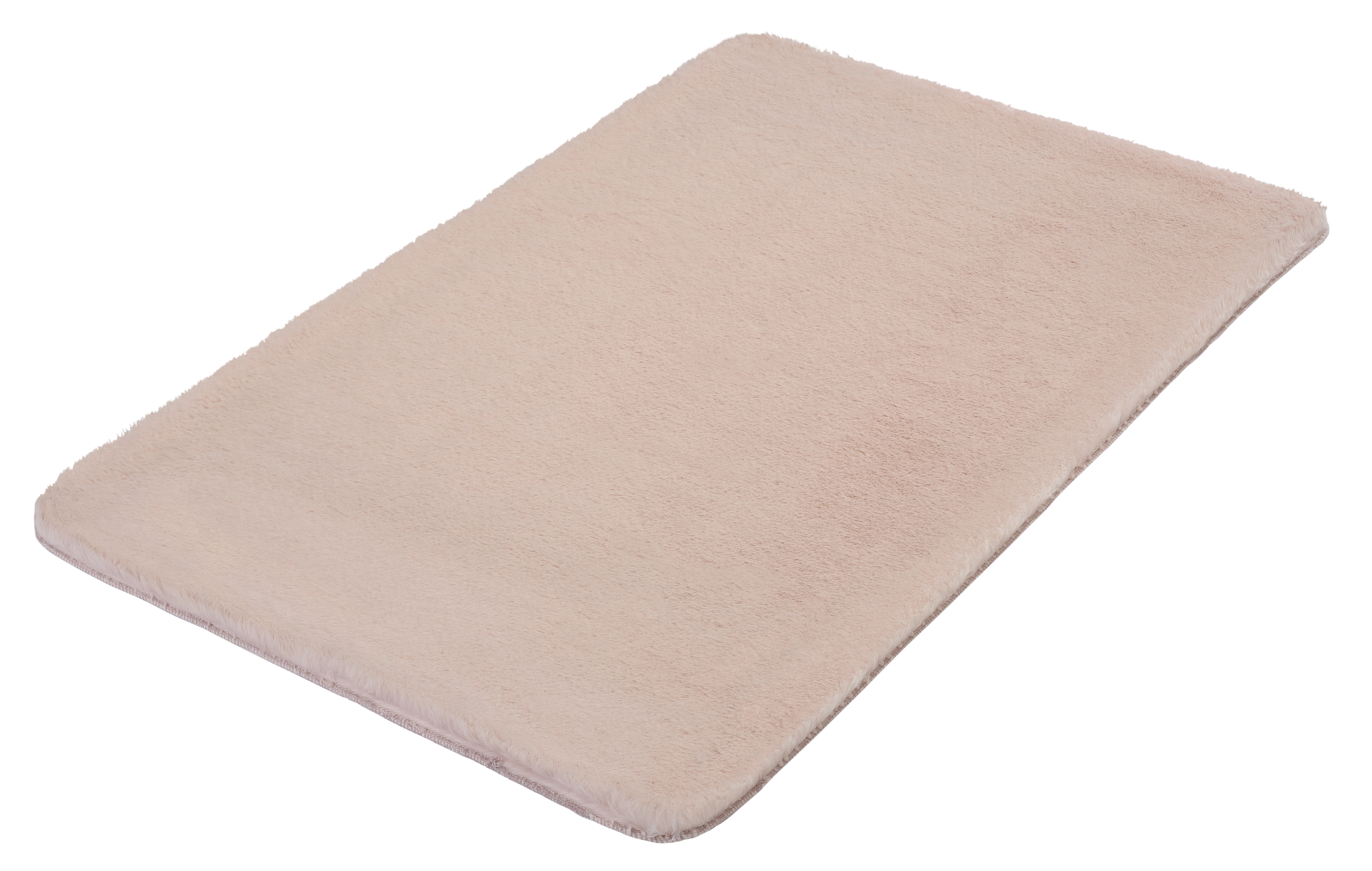Weiche, beige Badematte mit flauschiger Oberfläche, ideal für ein gemütliches Badezimmerambiente.