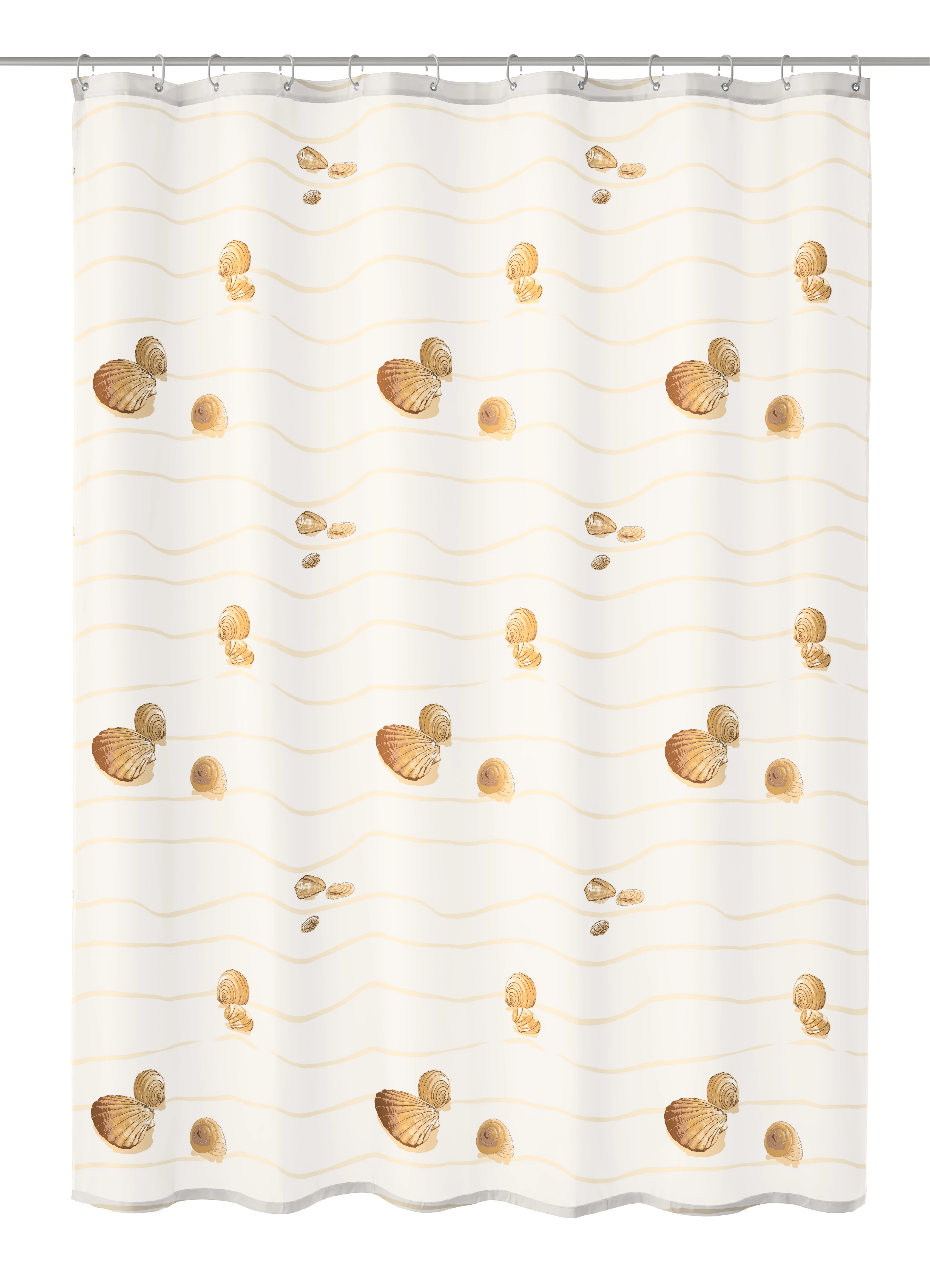 Duschvorhang mit Muschel- und Schneckenmuster in Beige auf weißem Hintergrund, ideal für ein maritimes Badezimmer.