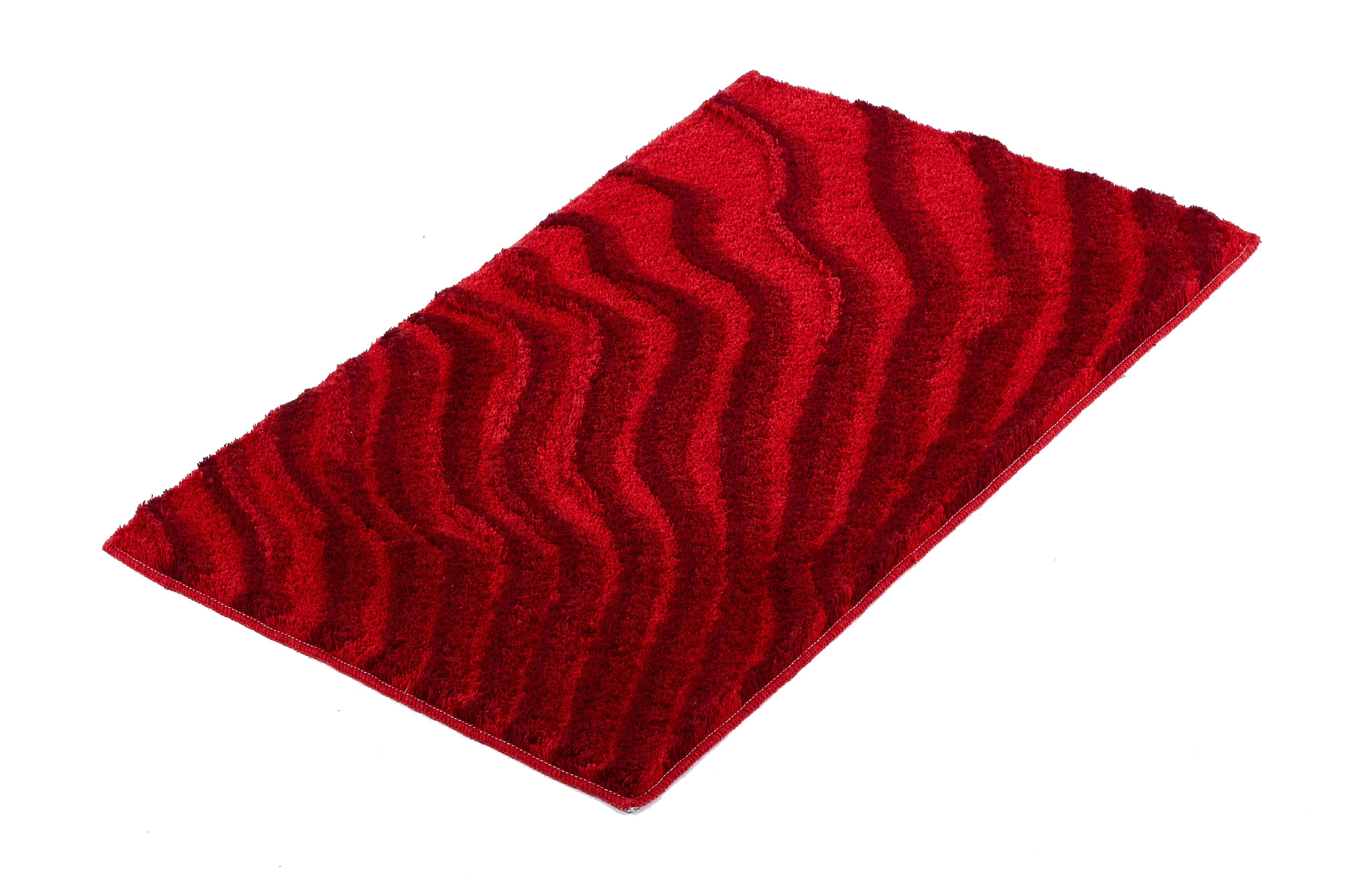Roter Badteppich mit wellenförmigem Muster, weiche Textur, rutschfeste Unterseite, ideal für Badezimmer und Wohnräume.