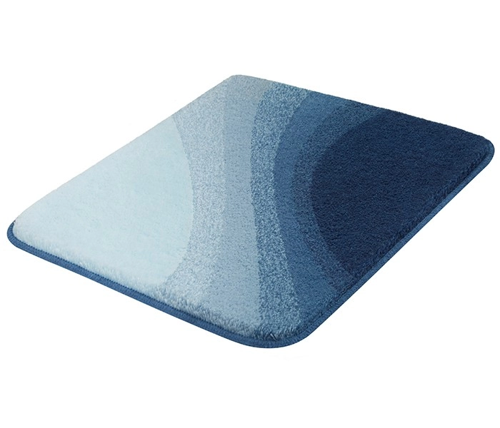 4004478324145 Badematte mit wellenförmigem Design in verschiedenen Blautönen, weiche Oberfläche, rutschfeste Unterseite.