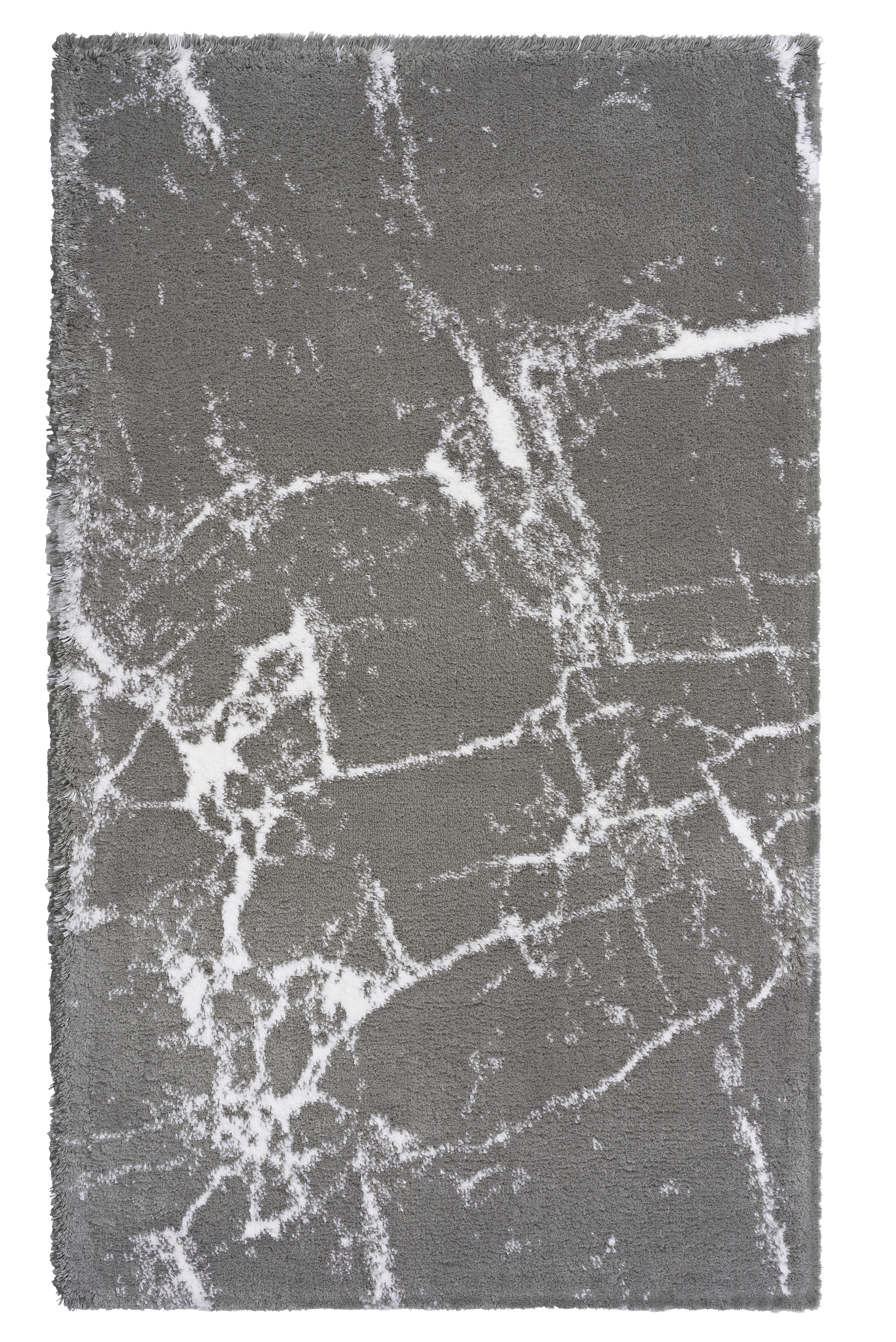 Badteppich COMO Platinfarben 60 x 100 cm Moderner, grauer Teppich mit weißem Marmor-Muster, weiche Oberfläche, ideal für Wohnzimmer oder Schlafzimmer.