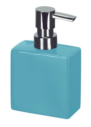 4004478195677 Quadratischer Seifenspender in Türkis mit glänzendem Chrom-Pumpkopf. Modernes Design, ideal für Badezimmer und Küchen.