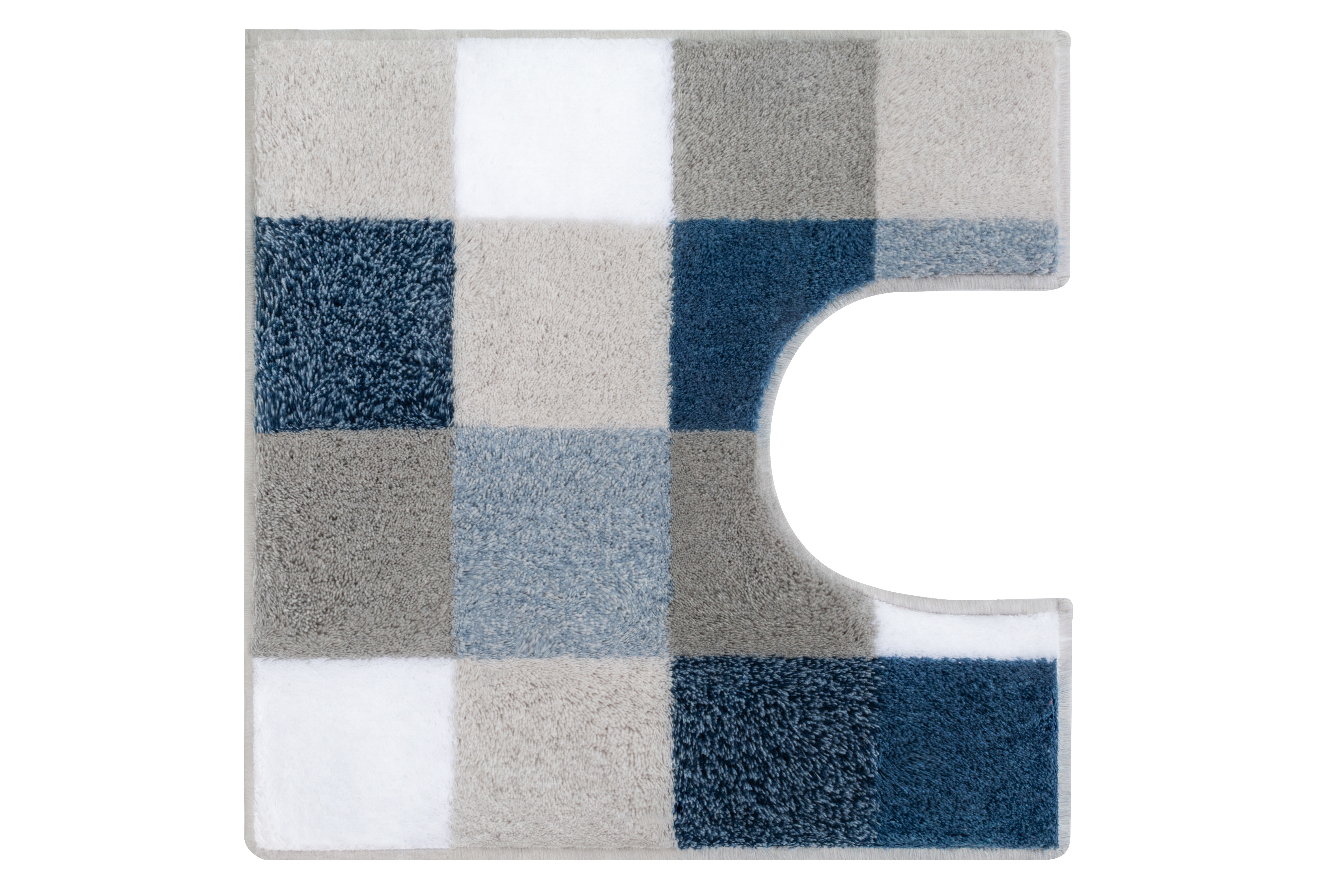 WC-Vorleger CARO Mare 55 x 55 cm mit Ausschnitt Badezimmerteppich mit Karomuster in Blau-, Grau- und Weißtönen, U-förmiger Ausschnitt für Toiletten.