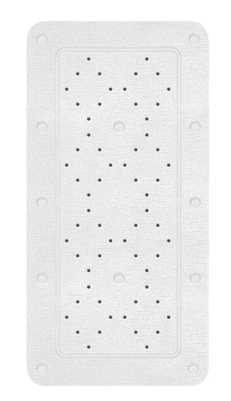 Rutschfeste, weiße Badematte mit strukturiertem Design und Saugnäpfen für sicheren Halt in der Dusche oder Badewanne.