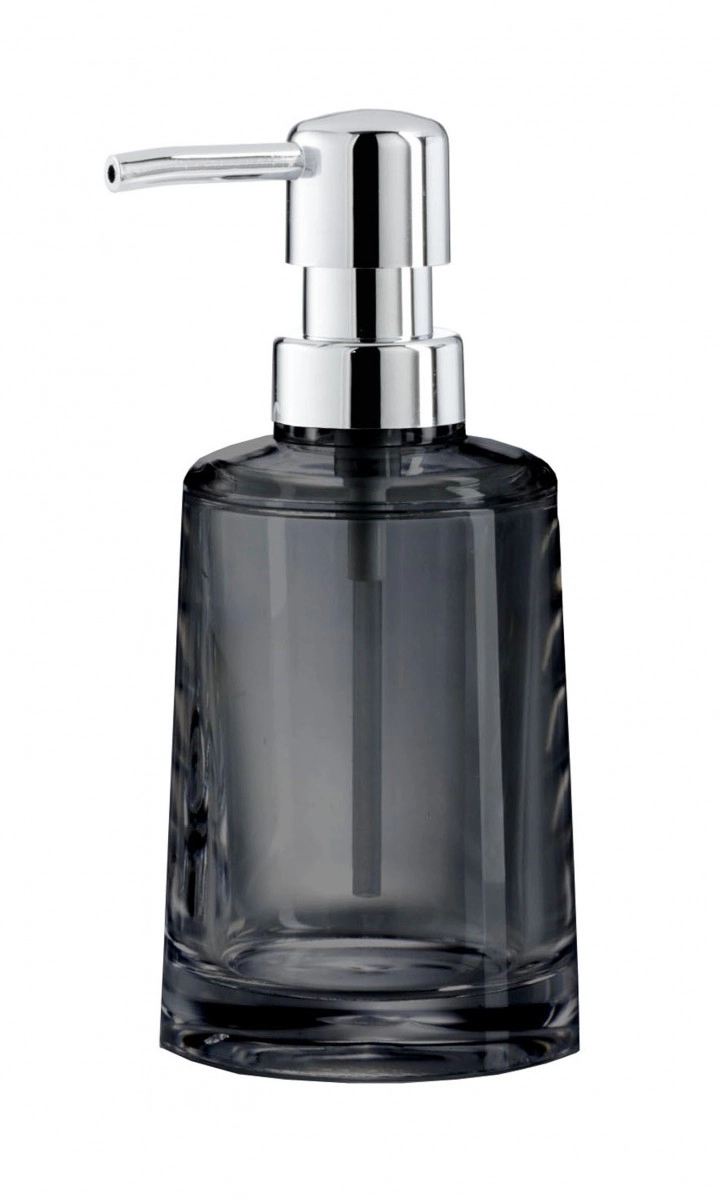 4004478201781 Eleganter Seifenspender aus transparentem, grauem Kunststoff mit glänzendem Chrom-Pumpkopf. Modernes Design für stilvolle Badezimmer.