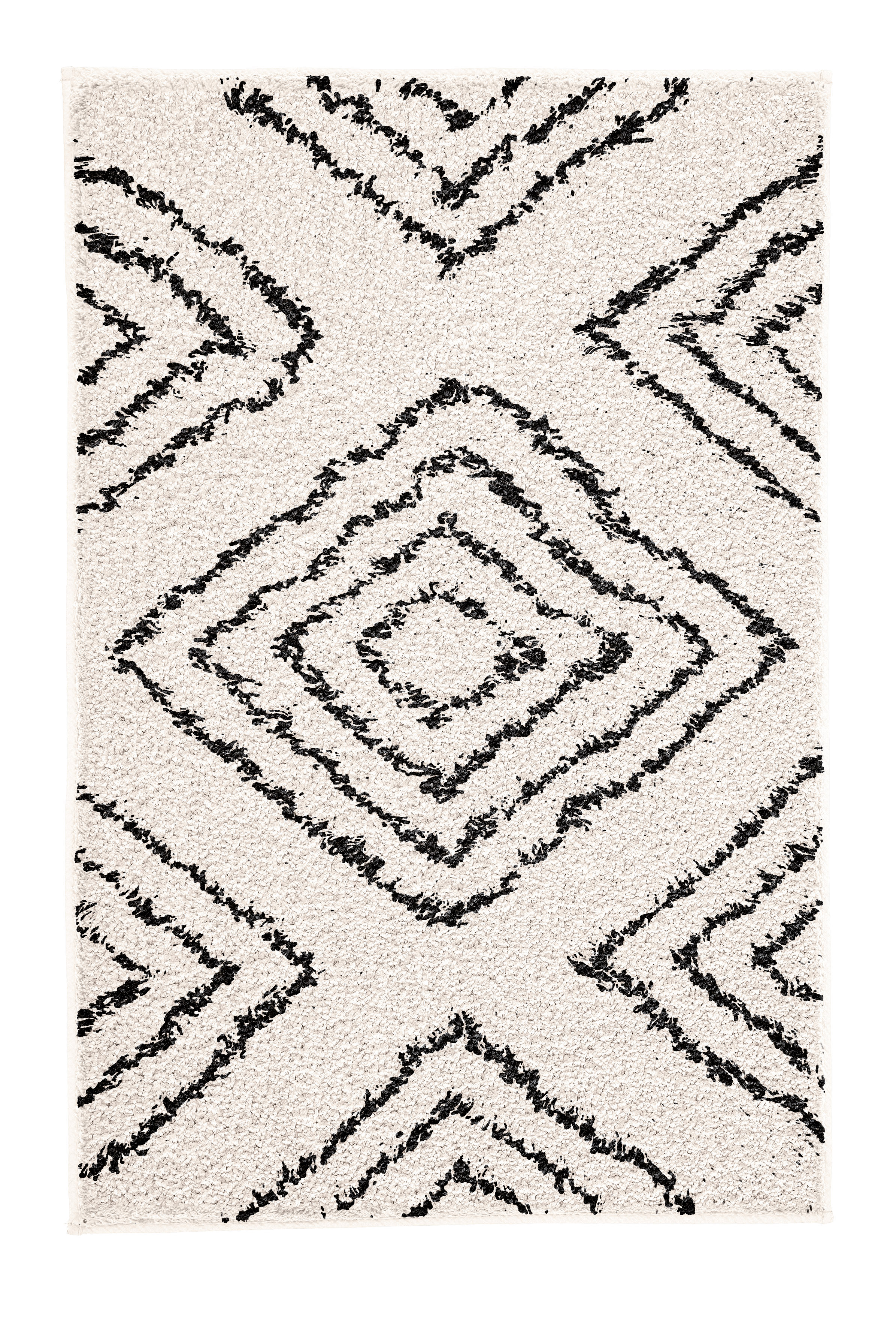 Badteppich BOHO Natur 60 x 100 cm Moderner Teppich in Cremeweiß mit schwarzem, geometrischem Rautenmuster. Ideal für Wohnzimmer oder Schlafzimmer.