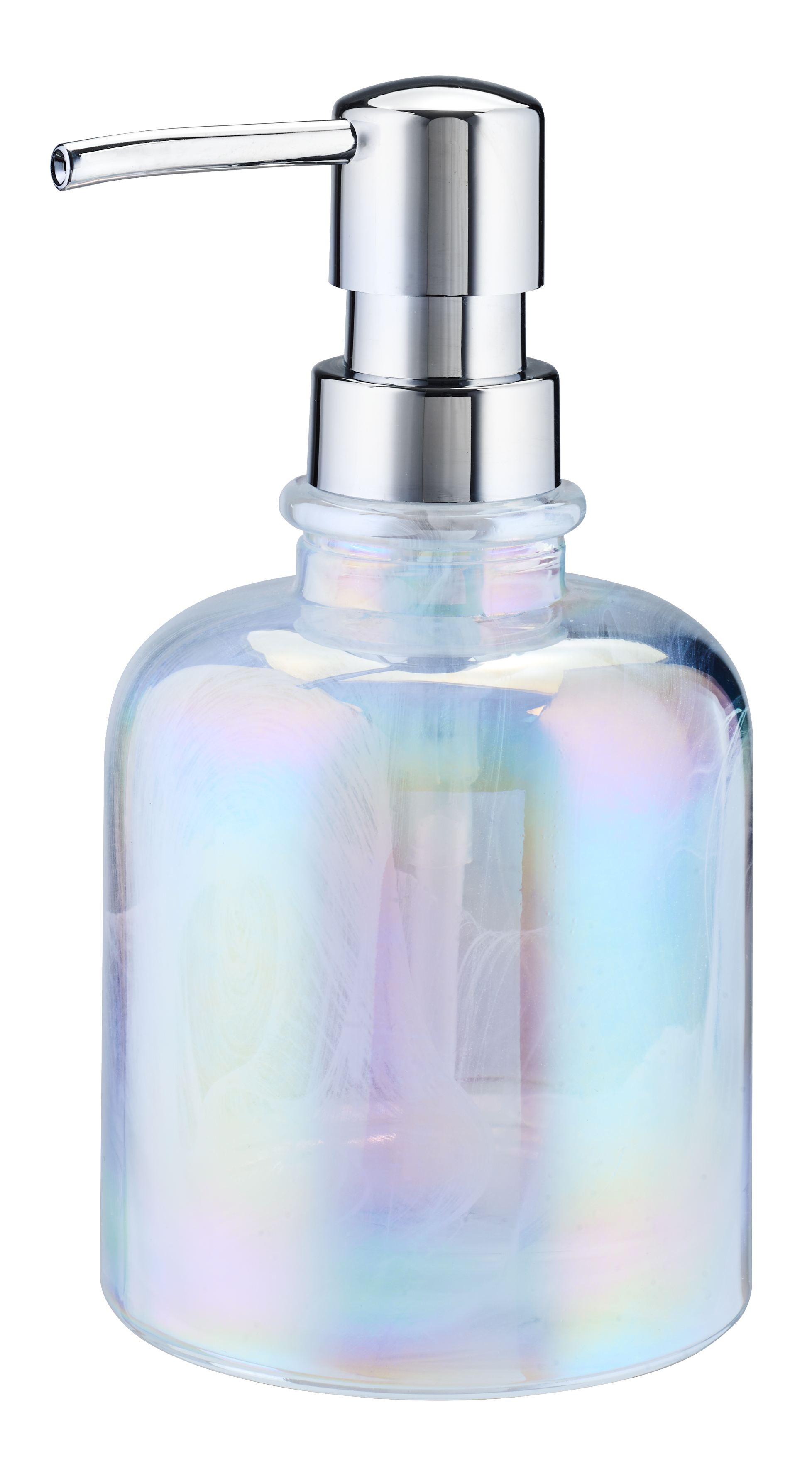 Seifenspender OPALIS Perlmuttfarben Seifenspender aus Glas mit schillerndem Regenbogeneffekt und silbernem Pumpkopf. Ideal für stilvolle Badezimmer.