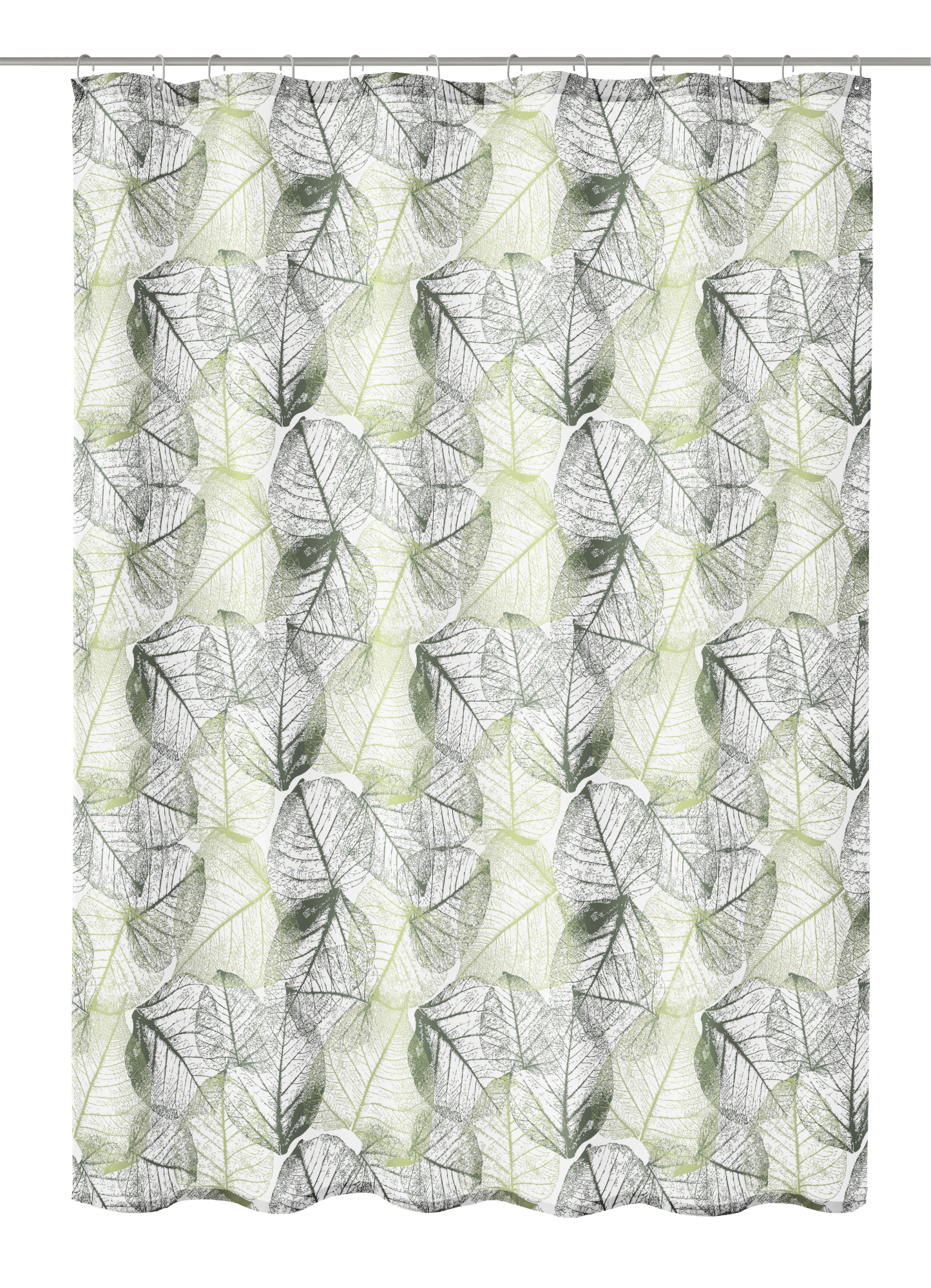 Duschvorhang mit stilisiertem Blätterdesign in Grün und Grau, ideal für ein modernes Badezimmer.